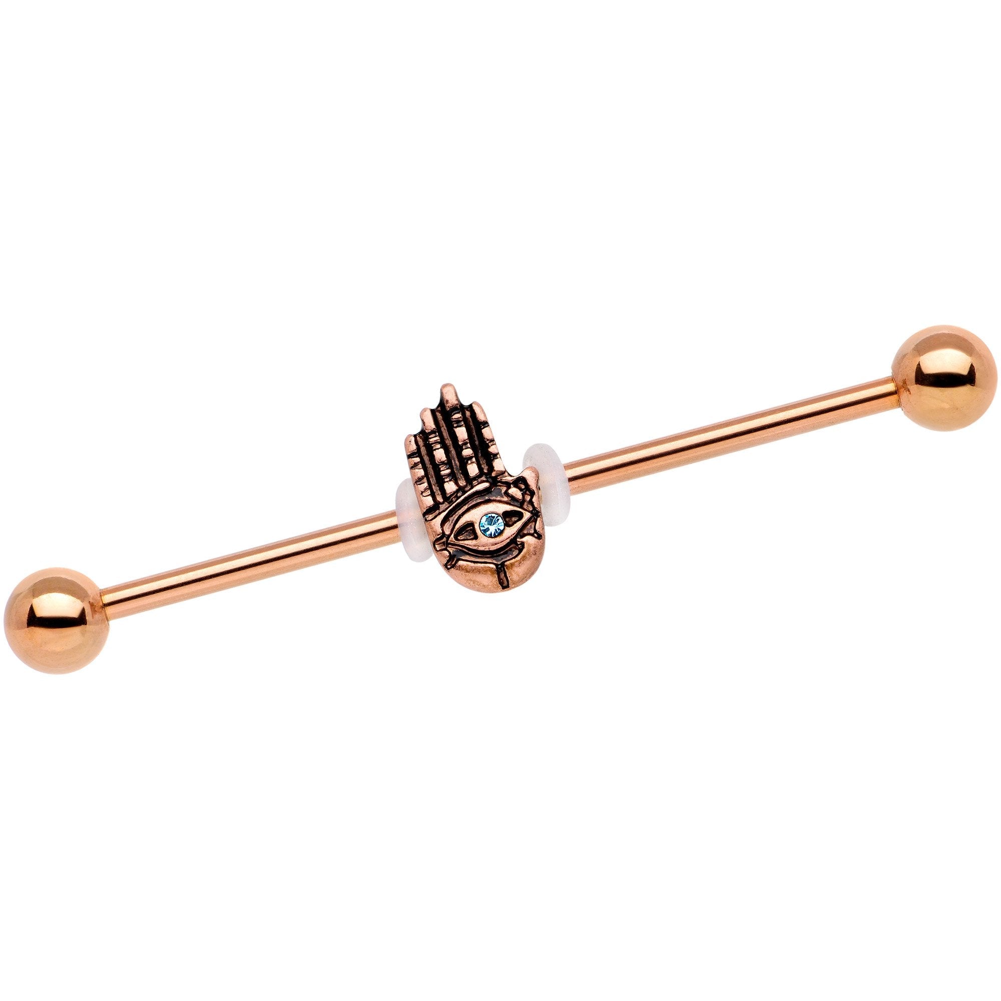 BodyCandy Aqua Gem Rose Gold Tone Hamsa Eye Industrial Barbell 38mm — main product shot
