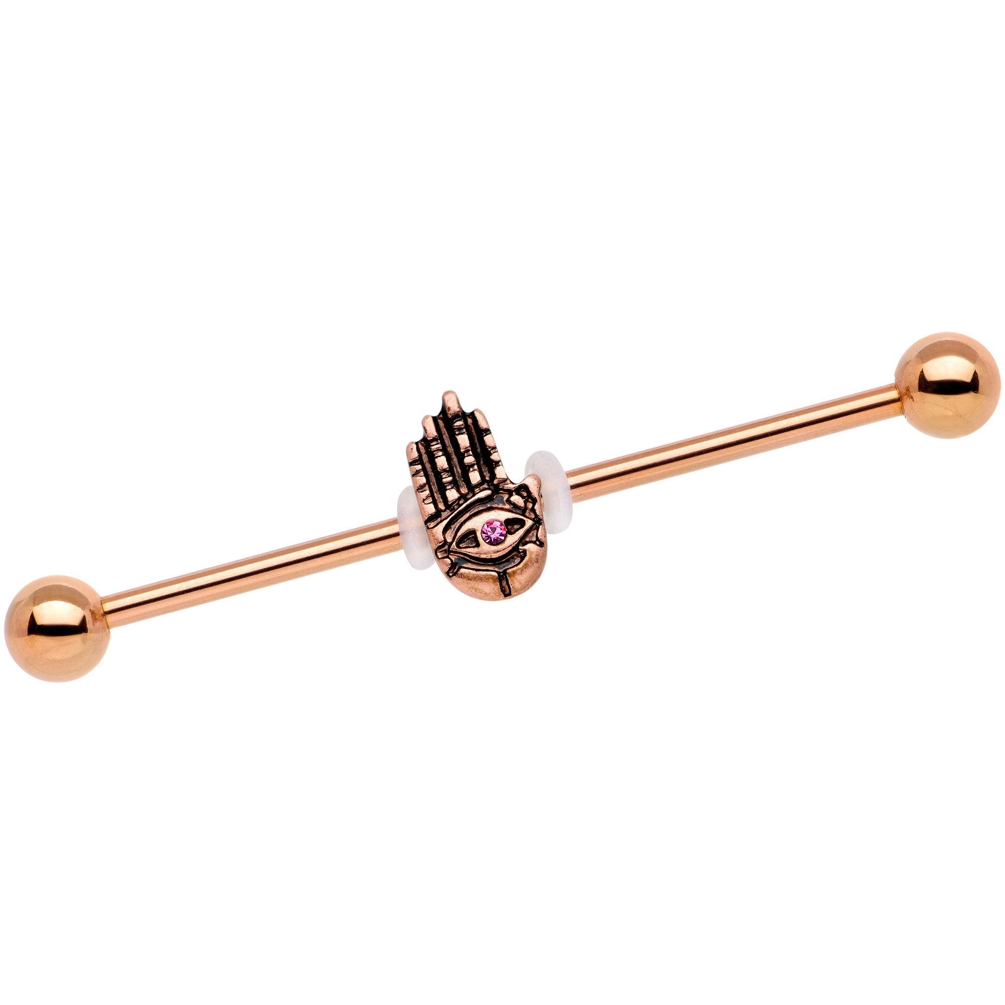 BodyCandy Pink Gem Rose Gold Tone Hamsa Eye Industrial Barbell 38mm — main product shot