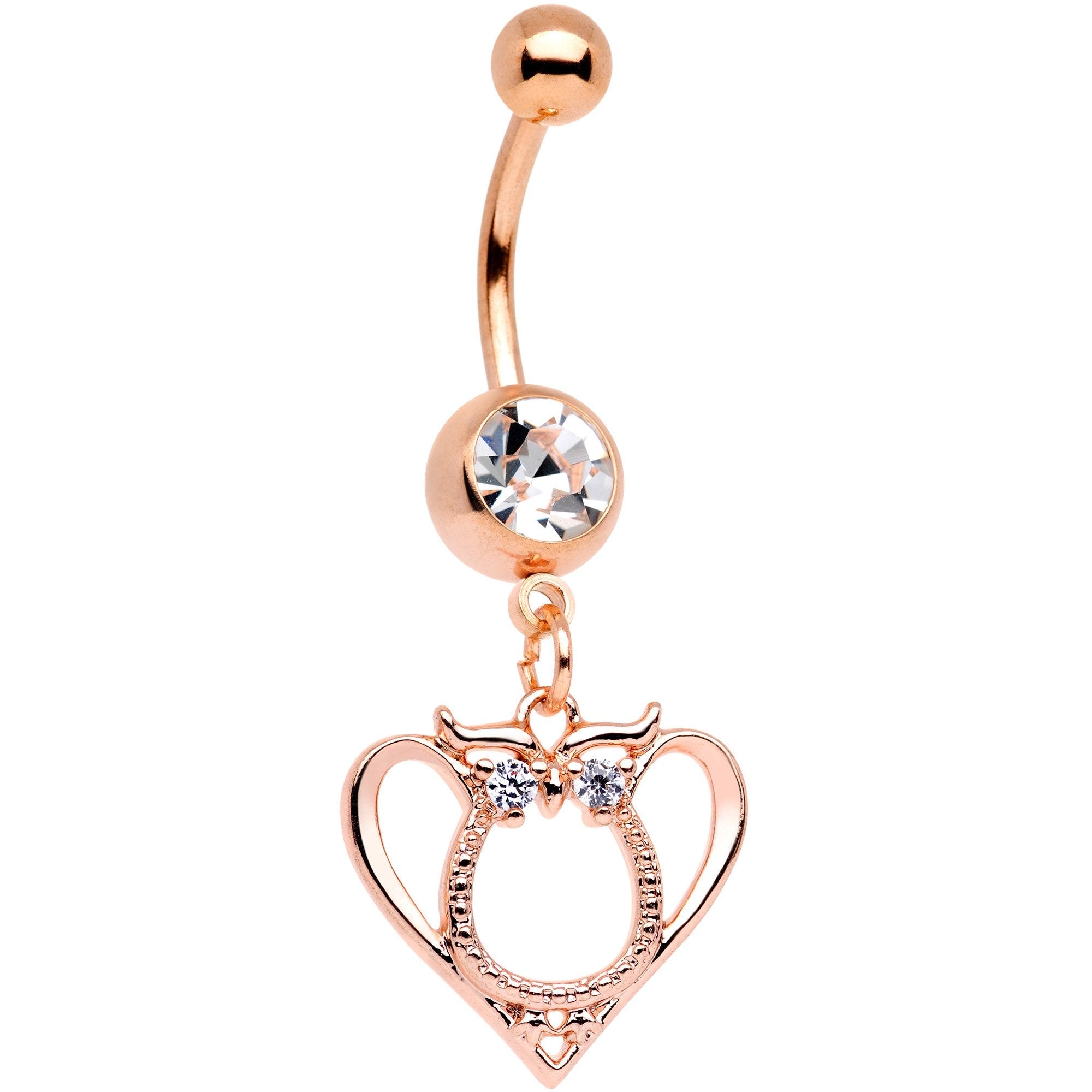 BodyCandy Clear Gem Rose Gold Tone Anodized Owl Heart Dangle Belly Ring — main product shot