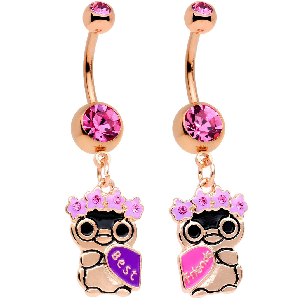 BodyCandy Pink Gem Rose Gold Tone Anodized BFF Penguins Dangle Belly Ring Set — main product shot
