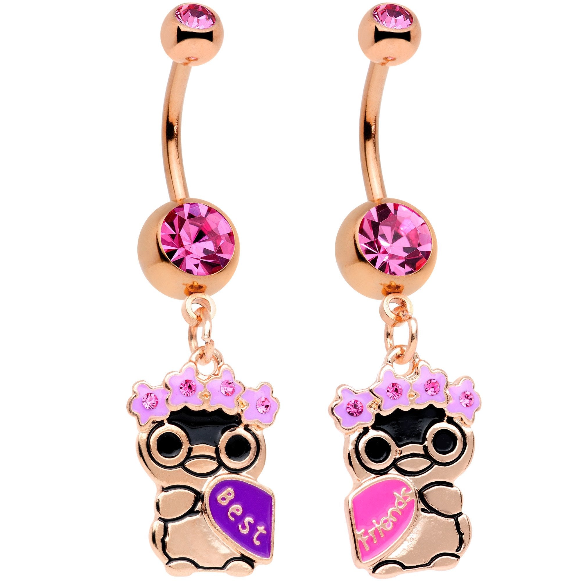 BodyCandy Pink Gem Rose Gold Tone Anodized BFF Penguins Dangle Belly Ring Set — main product shot