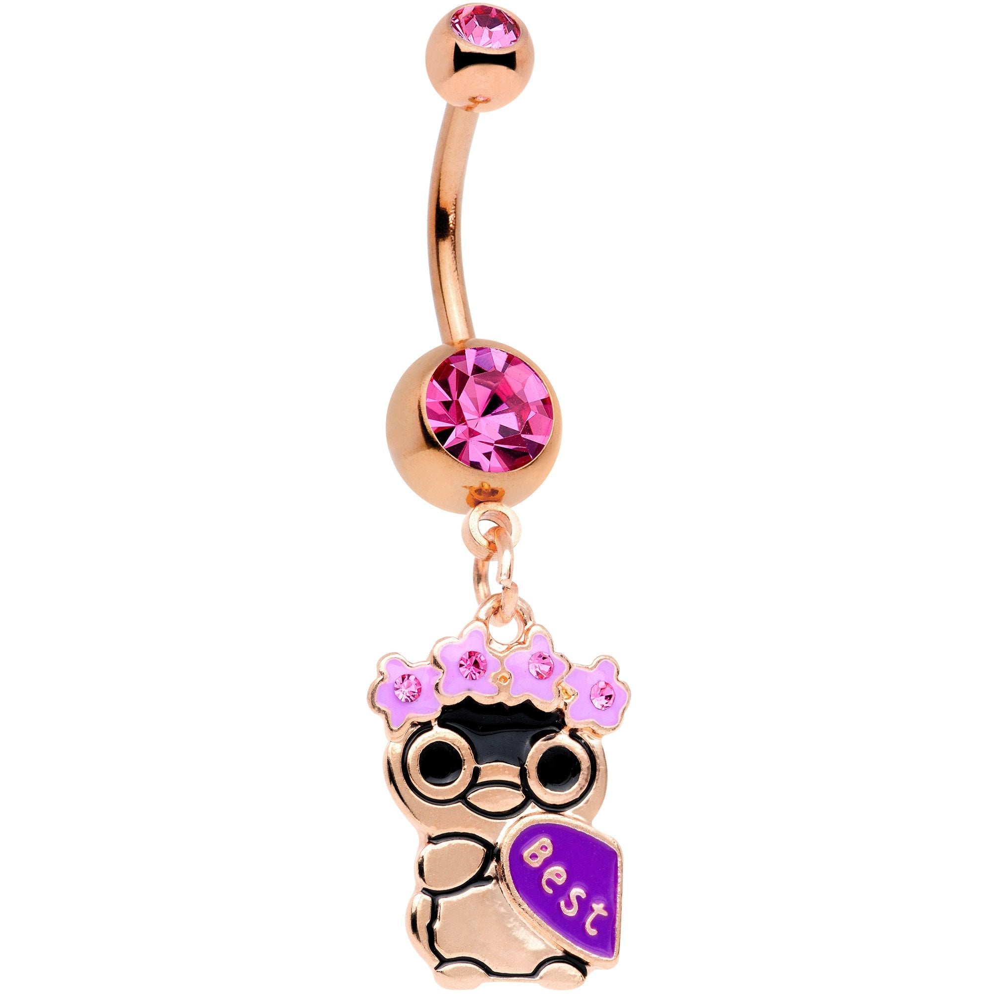 BodyCandy Pink Gem Rose Gold Tone Anodized BFF Penguins Dangle Belly Ring Set — detail and construction