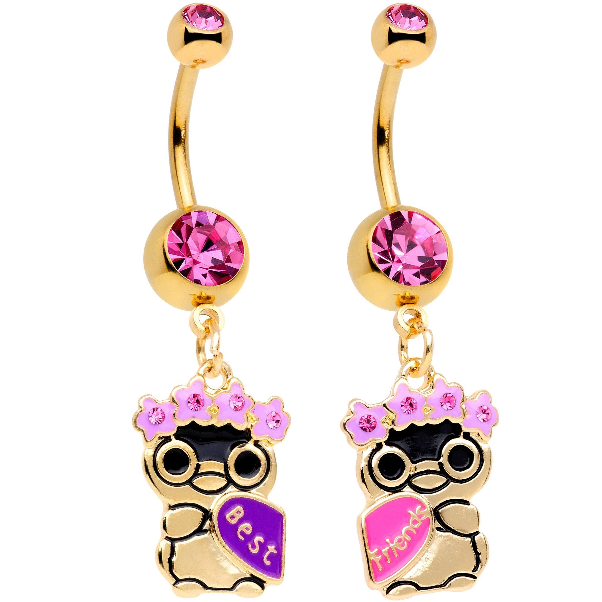 BodyCandy Pink Gem Gold Tone Anodized BFF Penguins Dangle Belly Ring Set — main product shot
