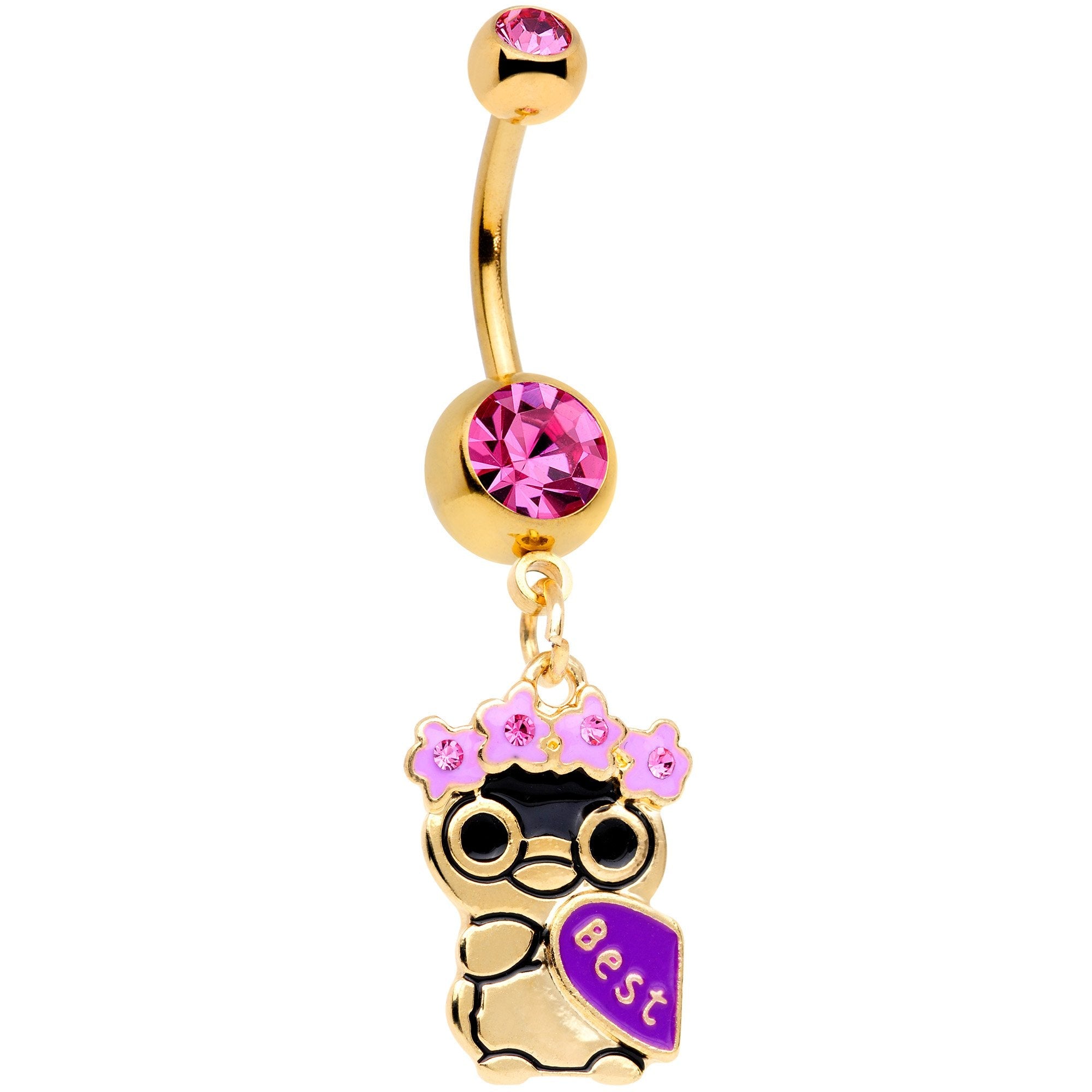 BodyCandy Pink Gem Gold Tone Anodized BFF Penguins Dangle Belly Ring Set — detail and construction