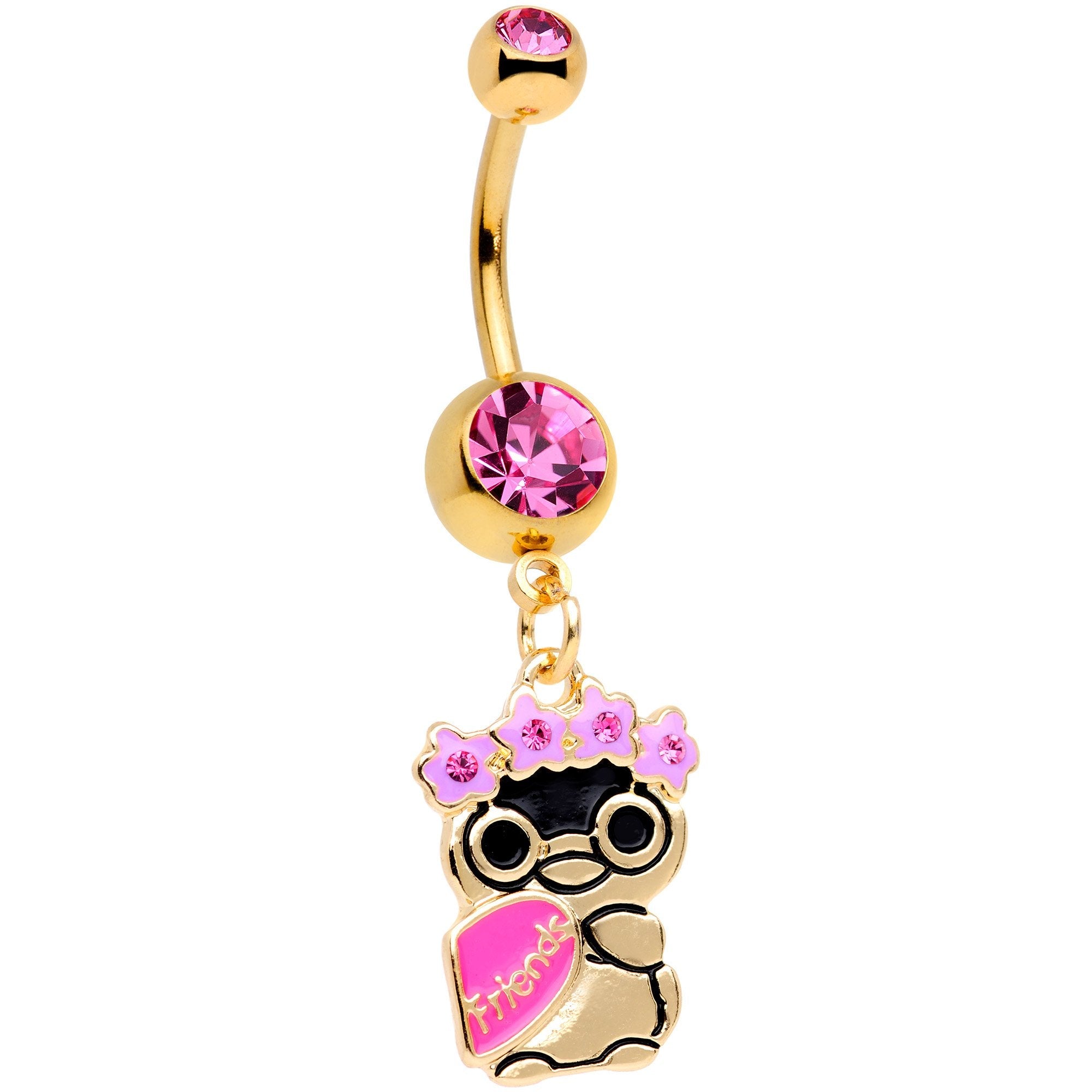 BodyCandy Pink Gem Gold Tone Anodized BFF Penguins Dangle Belly Ring Set — lifestyle context