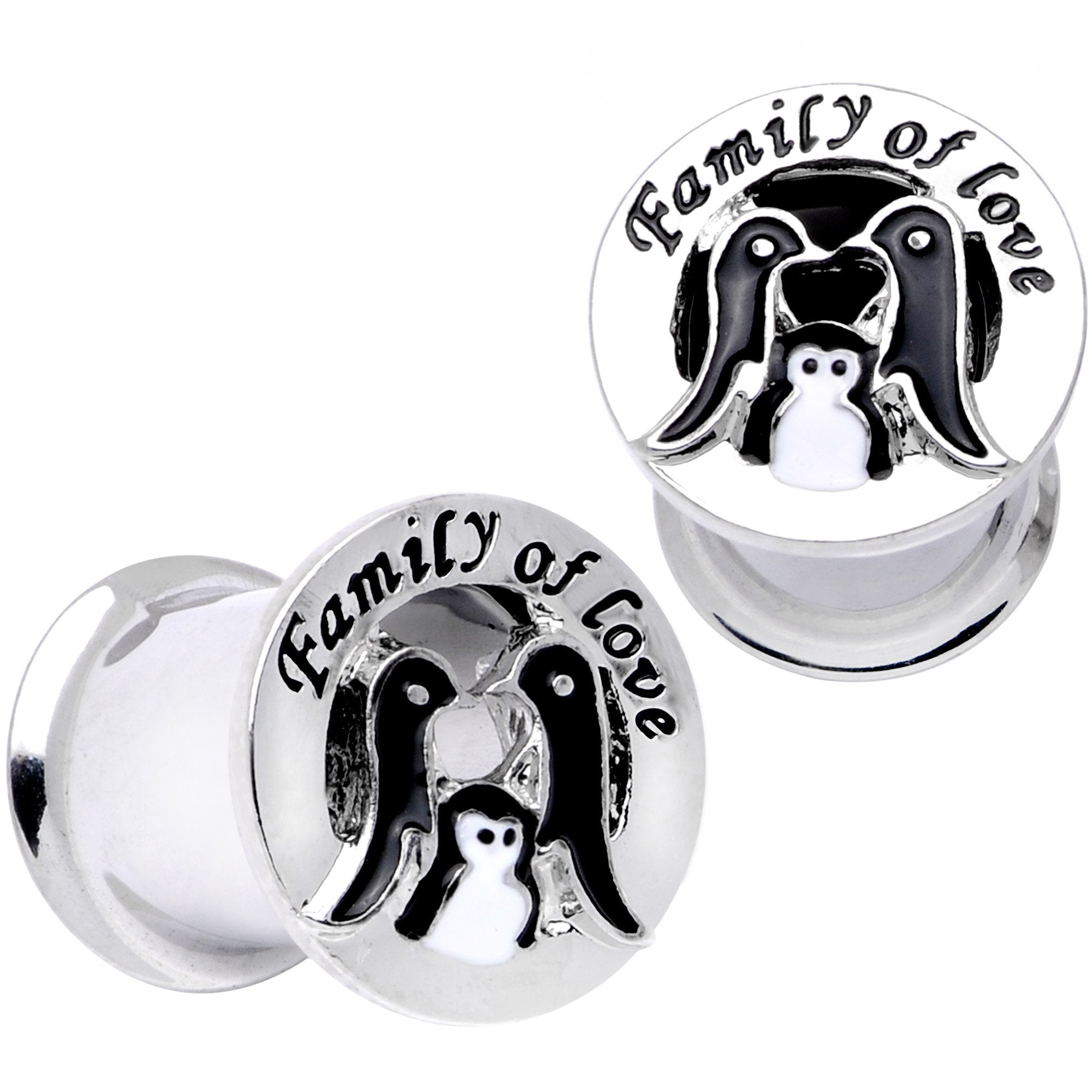 BodyCandy Family of Love Penguin Double Flare Tunnel Plug Set 6mm to 14mm — main product shot