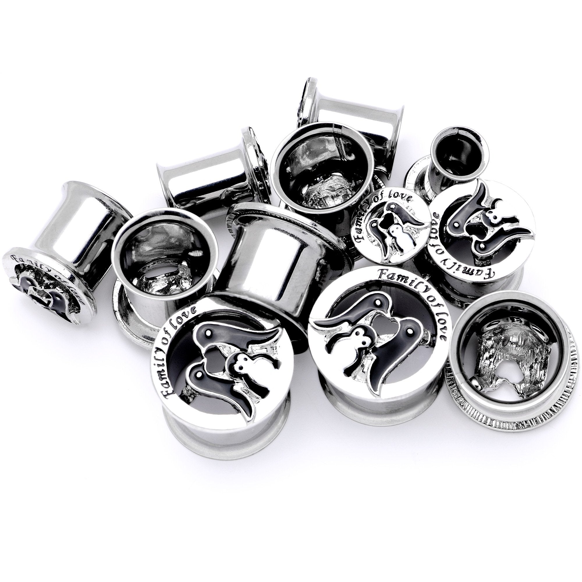 BodyCandy Family of Love Penguin Double Flare Tunnel Plug Set 6mm to 14mm — lifestyle context