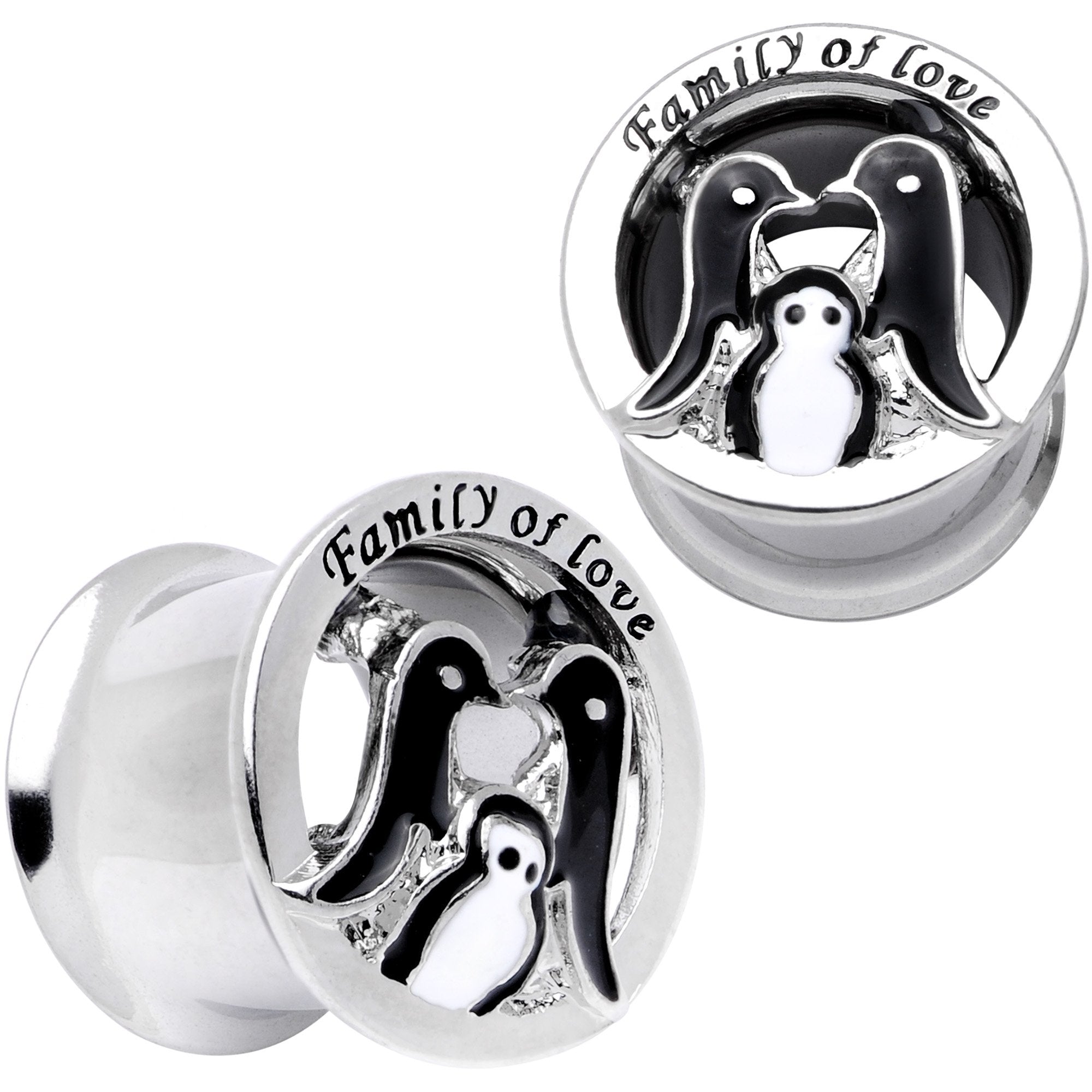 BodyCandy Family of Love Penguin Double Flare Tunnel Plug Set 6mm to 14mm — in-use photo