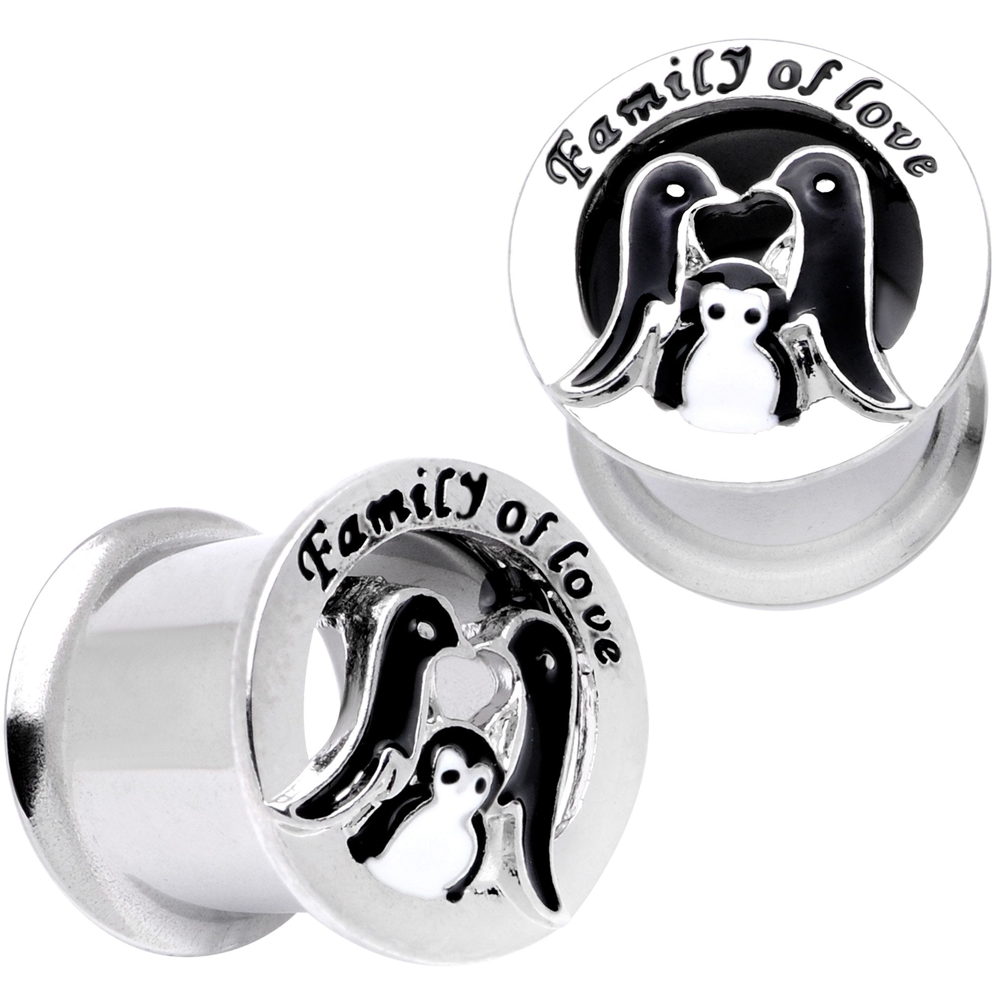 BodyCandy Family of Love Penguin Double Flare Tunnel Plug Set 6mm to 14mm — alternative angle