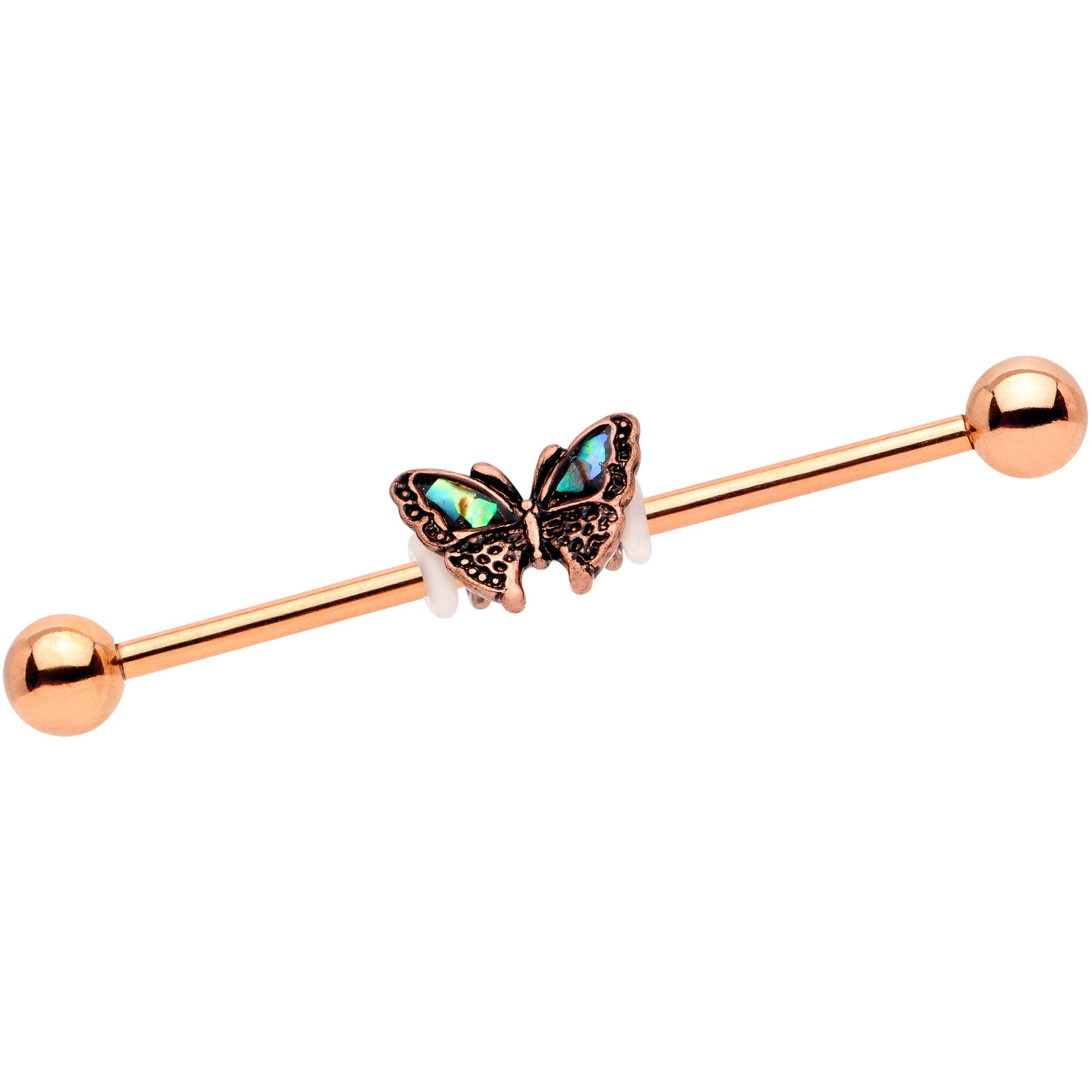 BodyCandy Rose Gold Tone Iridescent Butterfly Charm Industrial Barbell 38mm — main product shot