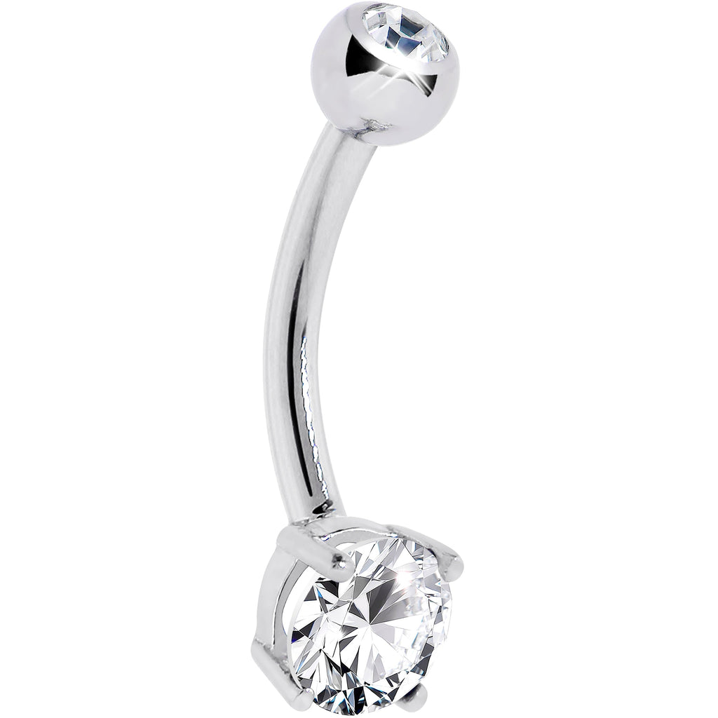 BodyCandy 16G Solid 14K White Gold Round Cubic Zirconia Belly Ring — detail close-up