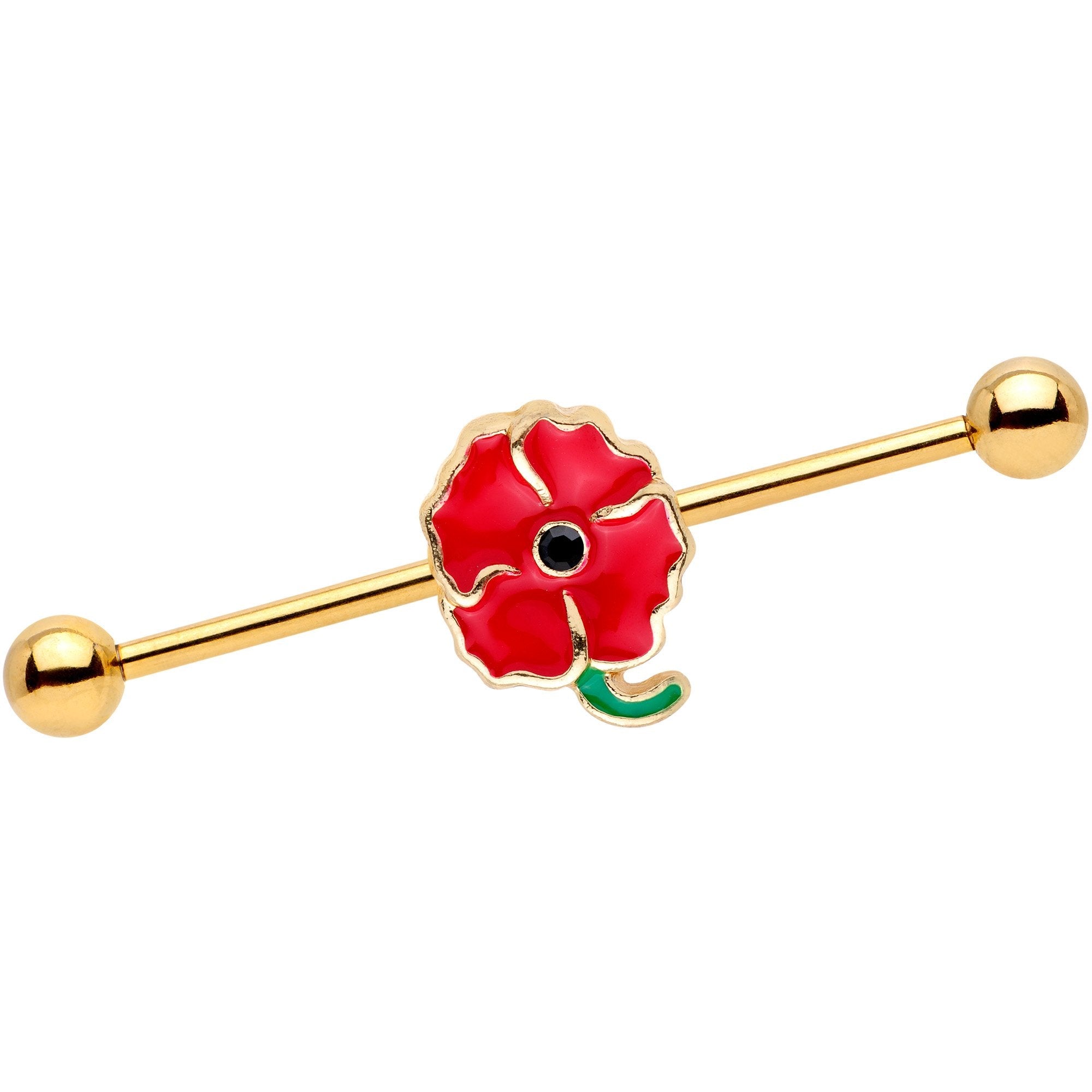 BodyCandy 14G Clear Gem Gold PVD Red Flower Industrial Barbell 38mm — main product shot