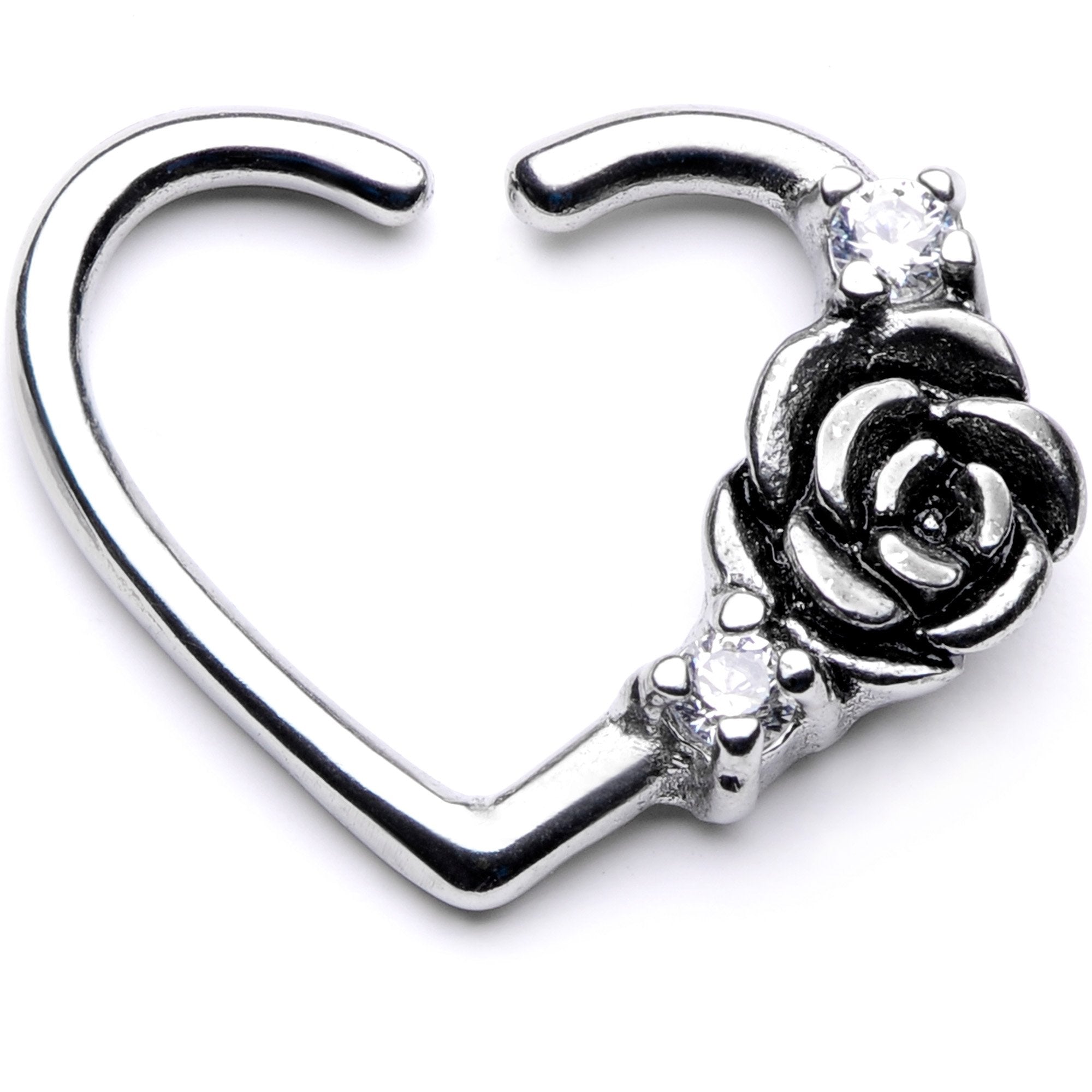 BodyCandy 16G 3/8 Clear CZ Gem Rose Flower Left Heart Closure Ring — main product shot
