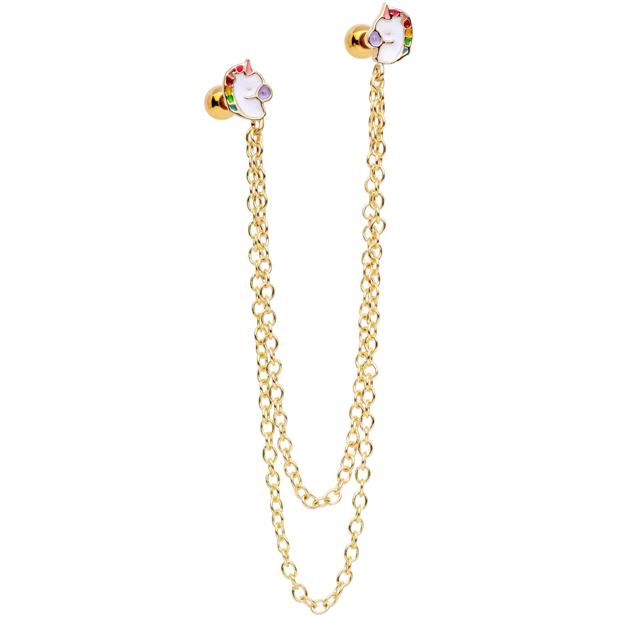 BodyCandy 16G 1/4 Gold Tone Pretty Unicorns Cartilage Chain Earring — detail and construction