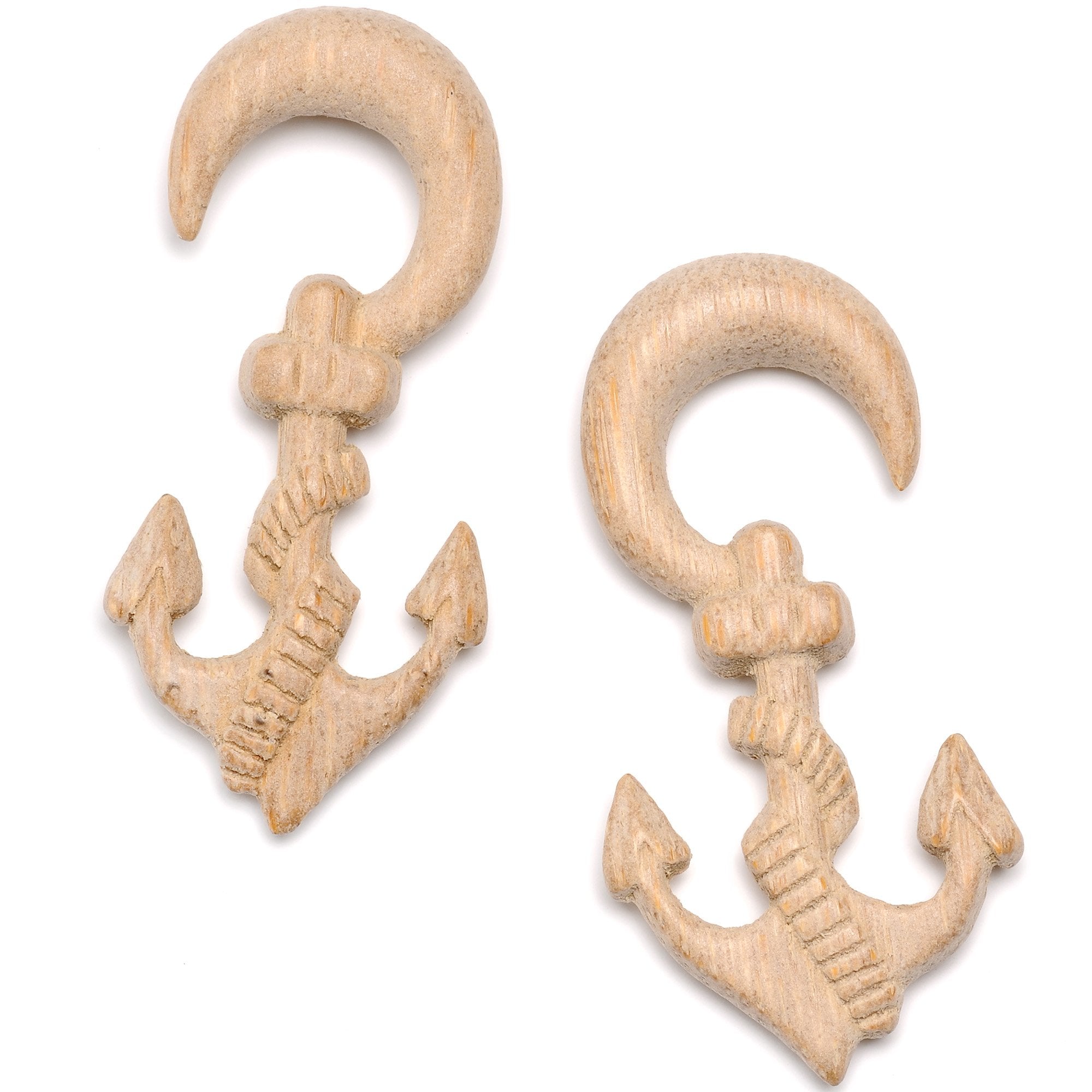 BodyCandy Organic Hand Carved Wood Nautical Anchor Hanger Plug Set 4mm to 10mm — detail close-up