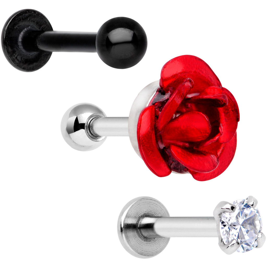 BodyCandy 16G 1/4 Clear Gem Red Rose Flower Cartilage Tragus Earring Set of 3 — main product shot
