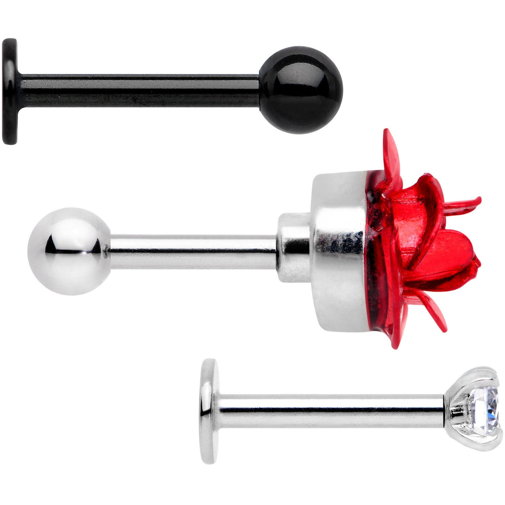BodyCandy 16G 1/4 Clear Gem Red Rose Flower Cartilage Tragus Earring Set of 3 — detail and construction
