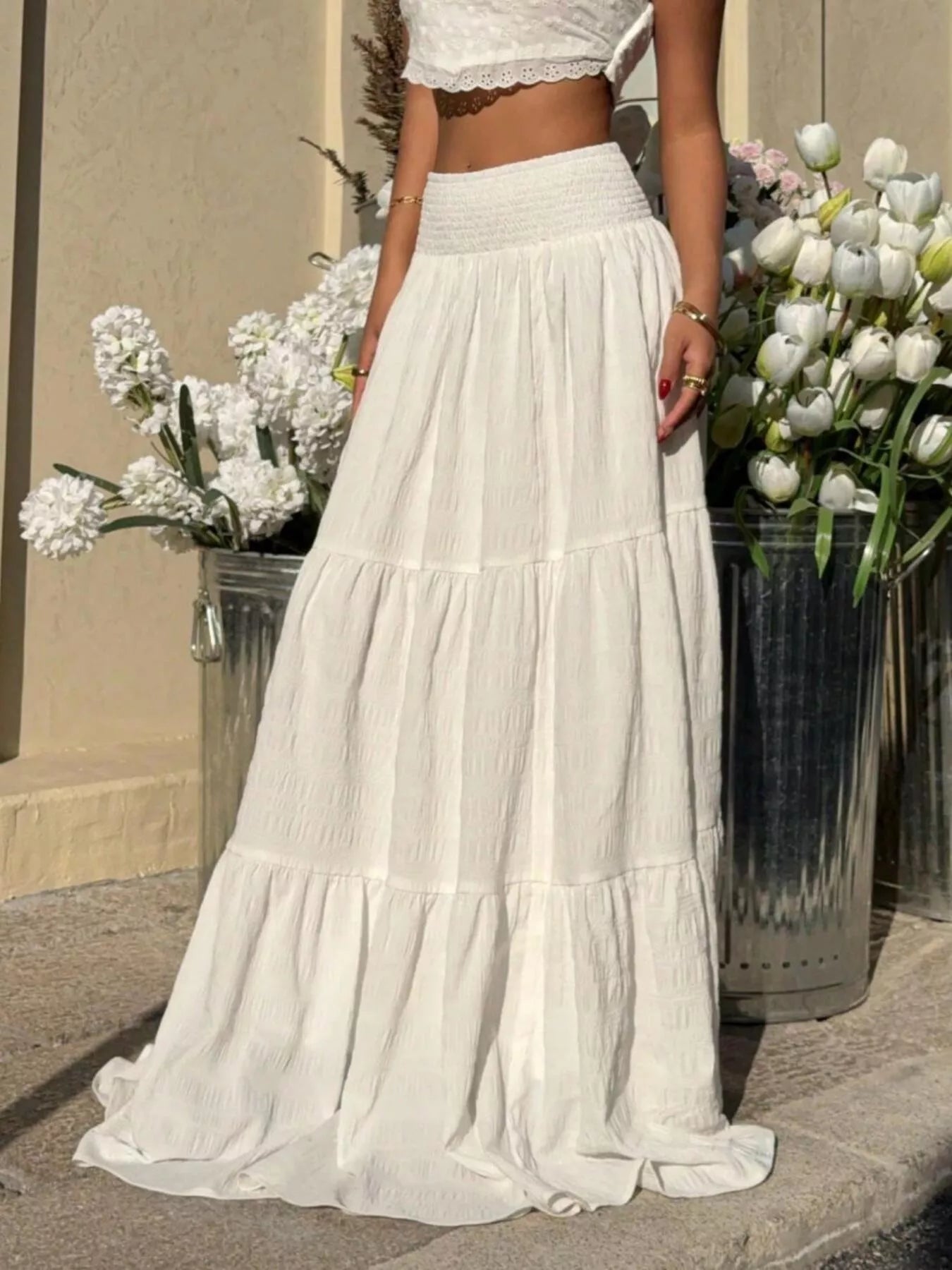 Smocked Tiered Flowy Maxi Skirt