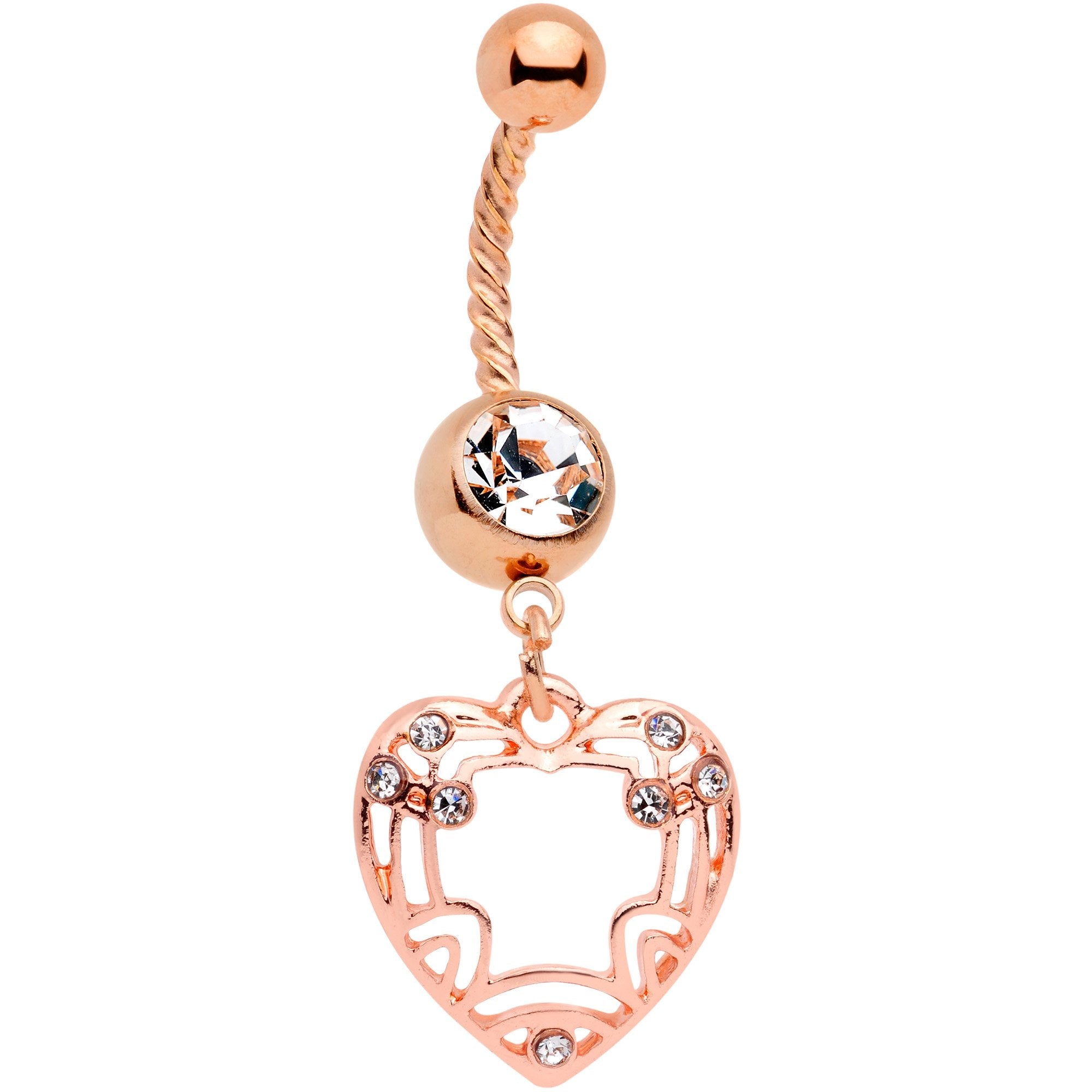 BodyCandy Clear Gem Rose Gold Tone Art Deco Heart Twisted Dangle Belly Ring — main product shot