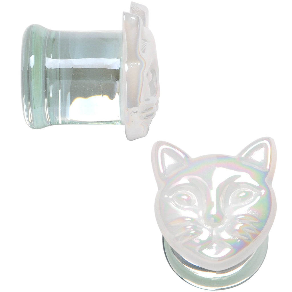 BodyCandy Aurora White Glass Double Flare Kitty Cat Plug Set 6mm to 25mm — alternative angle