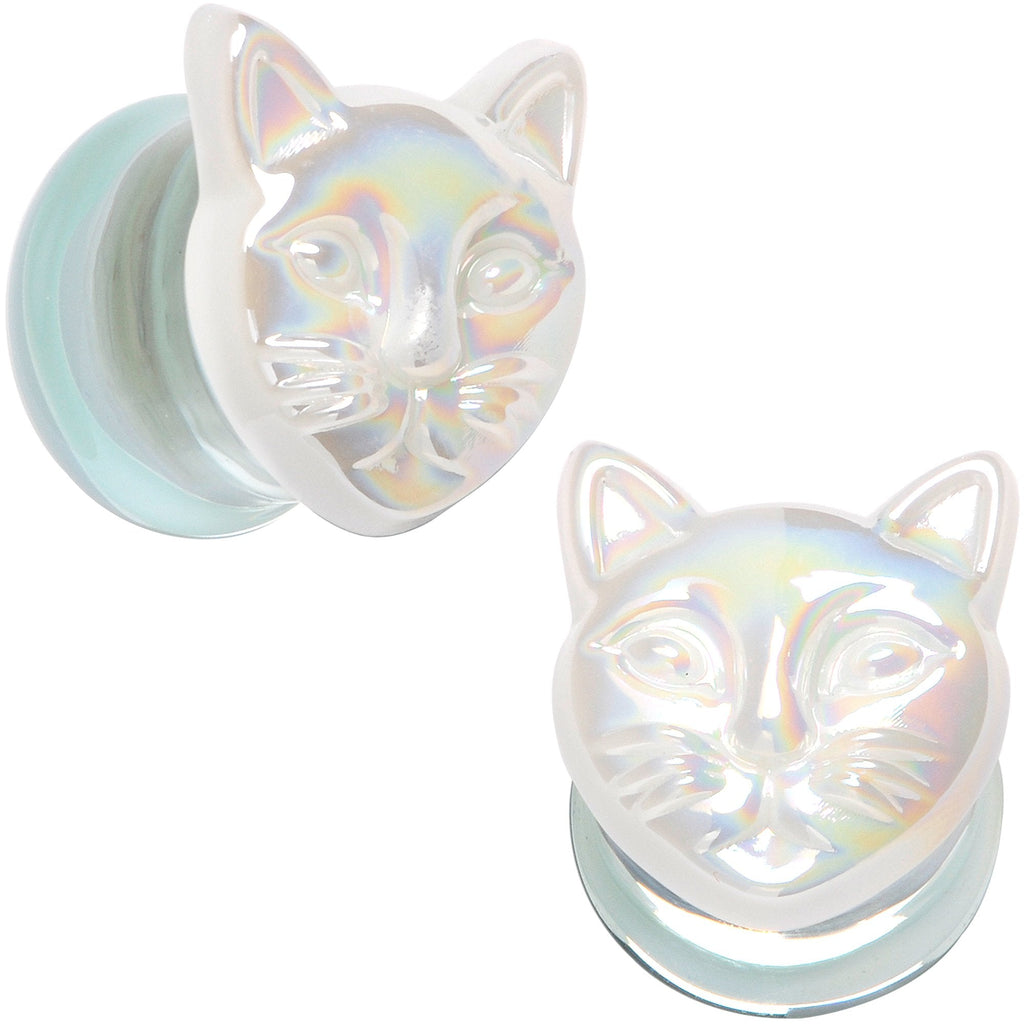 BodyCandy Aurora White Glass Double Flare Kitty Cat Plug Set 6mm to 25mm — size reference