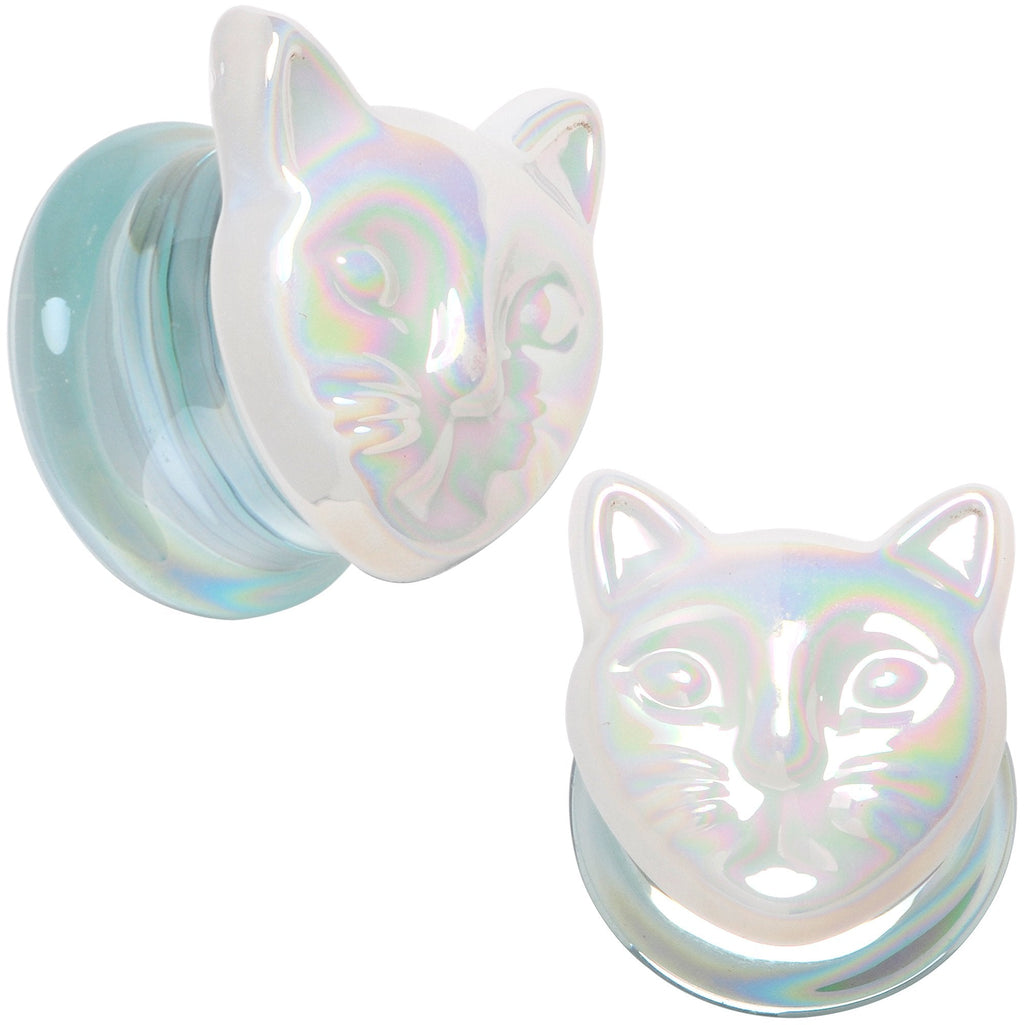 BodyCandy Aurora White Glass Double Flare Kitty Cat Plug Set 6mm to 25mm — color detail