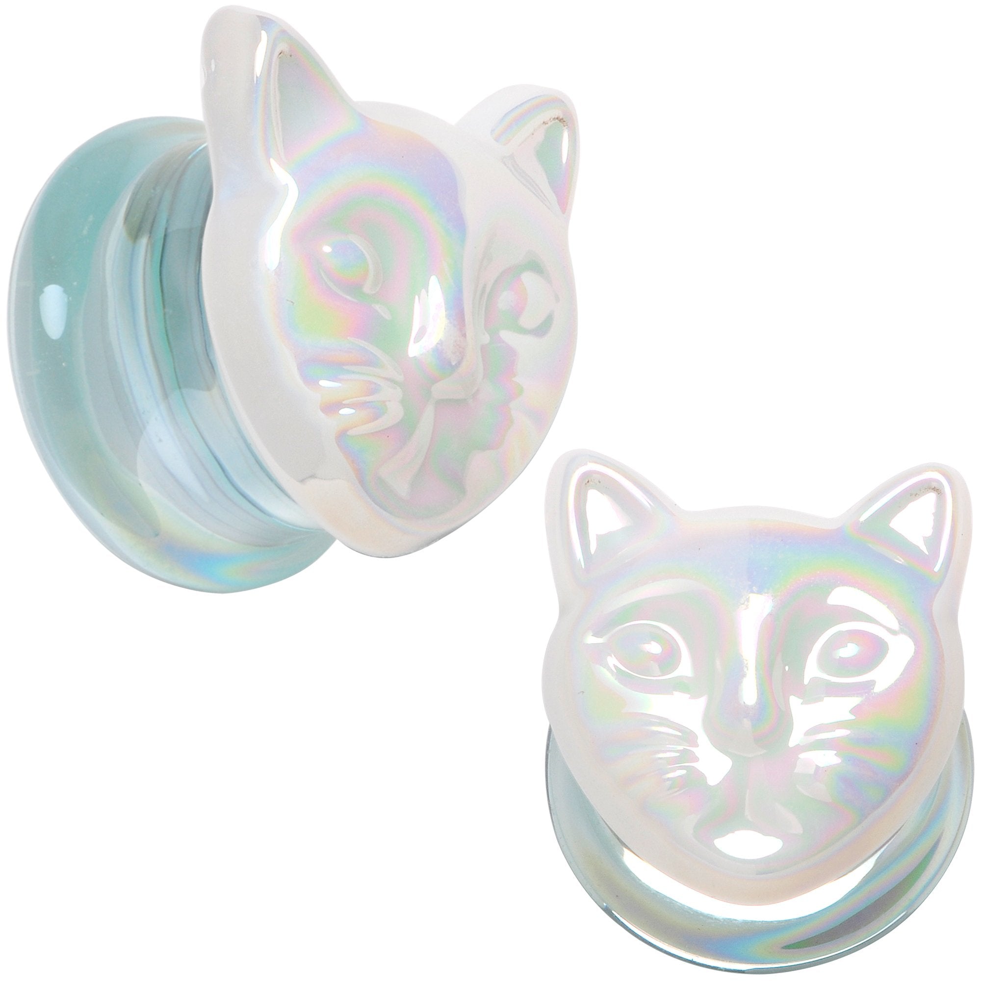 BodyCandy Aurora White Glass Double Flare Kitty Cat Plug Set 6mm to 25mm — color detail