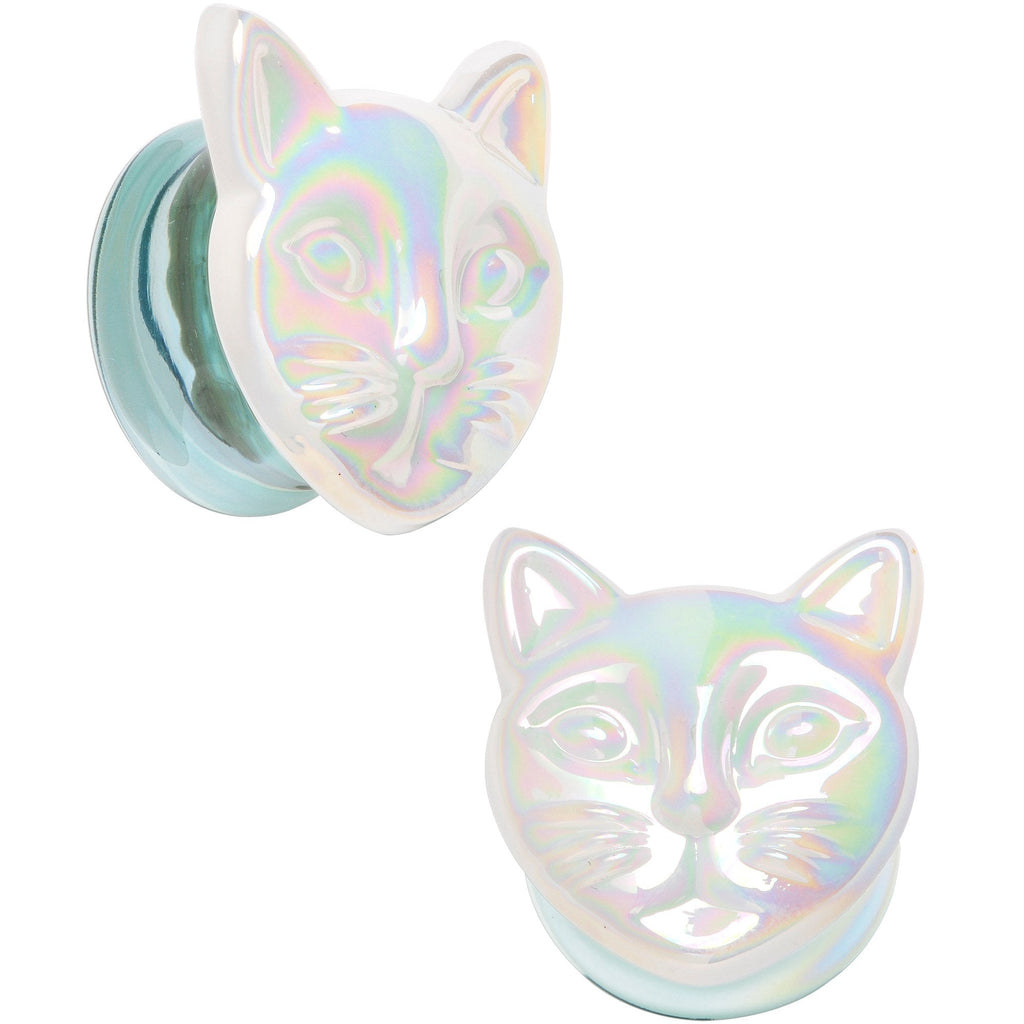 BodyCandy Aurora White Glass Double Flare Kitty Cat Plug Set 6mm to 25mm — comparison shot
