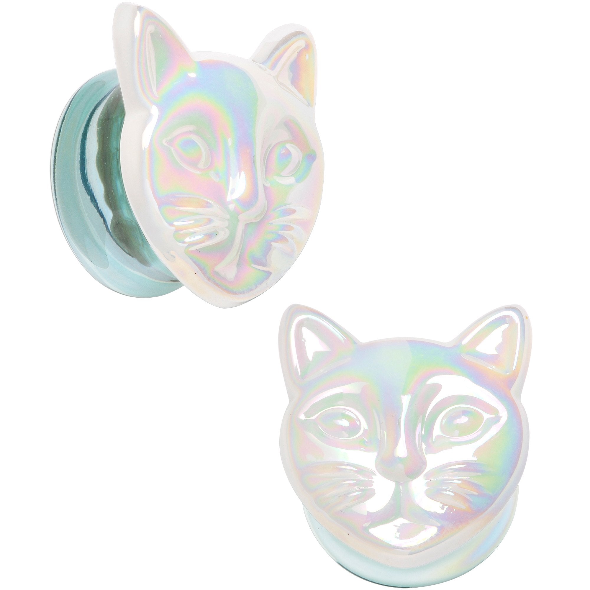 BodyCandy Aurora White Glass Double Flare Kitty Cat Plug Set 6mm to 25mm — comparison shot