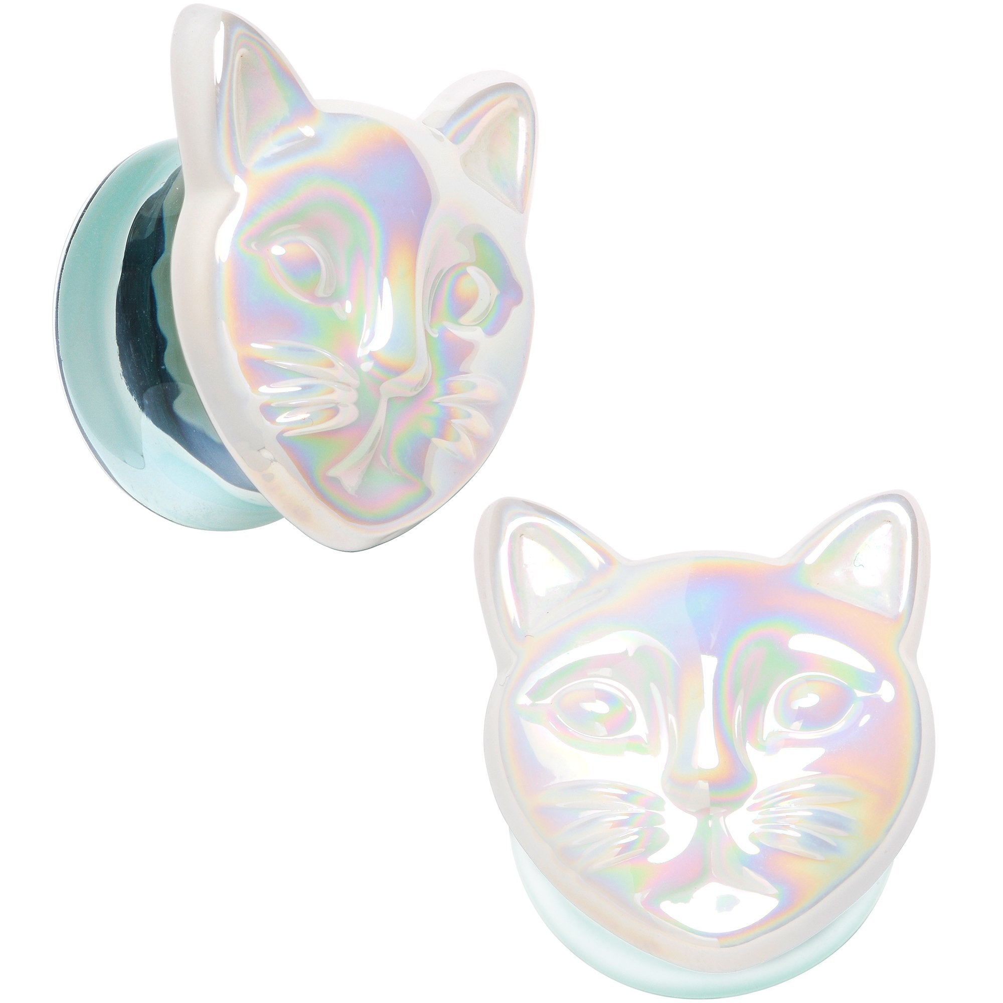 BodyCandy Aurora White Glass Double Flare Kitty Cat Plug Set 6mm to 25mm — fabric or material detail