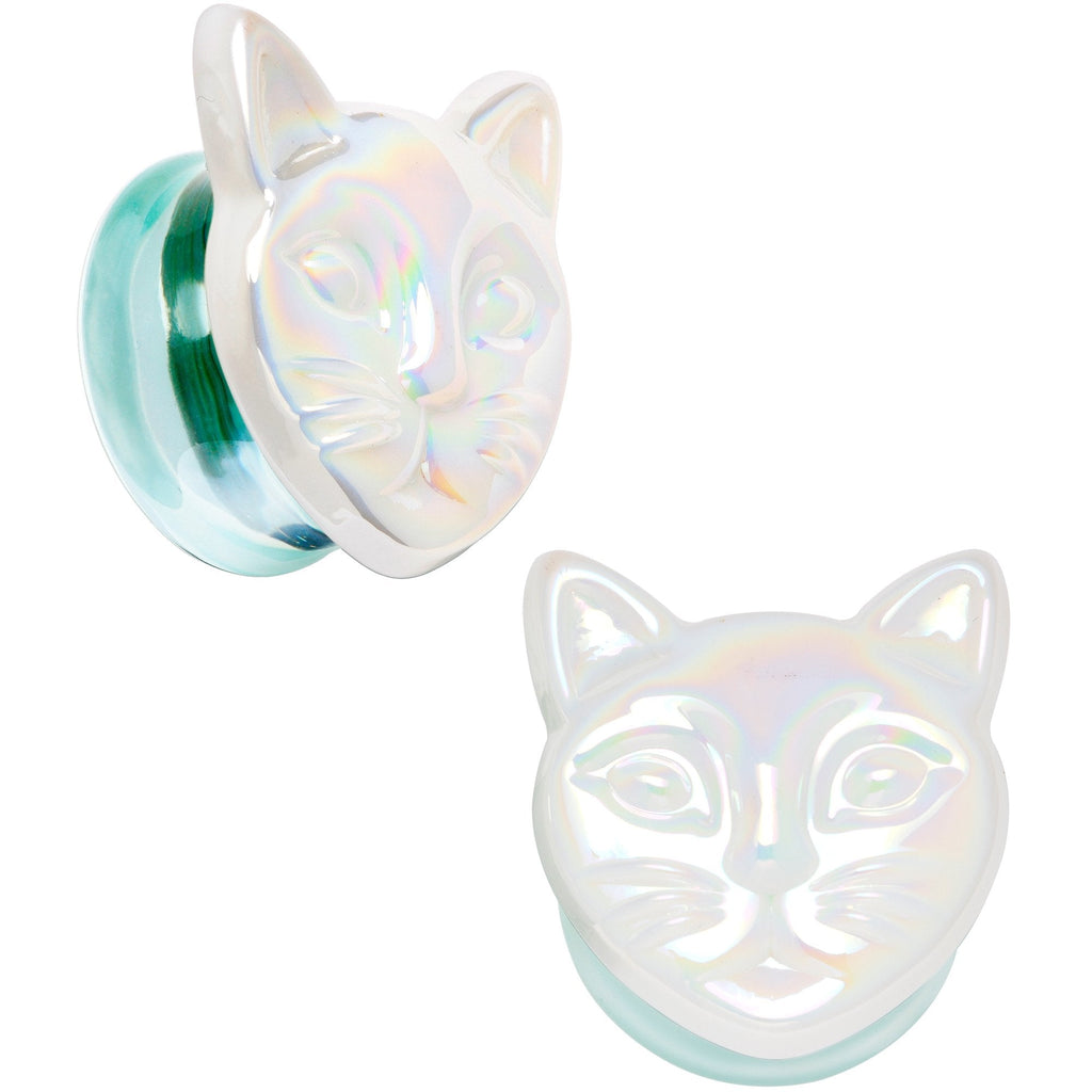 BodyCandy Aurora White Glass Double Flare Kitty Cat Plug Set 6mm to 25mm — feature highlight