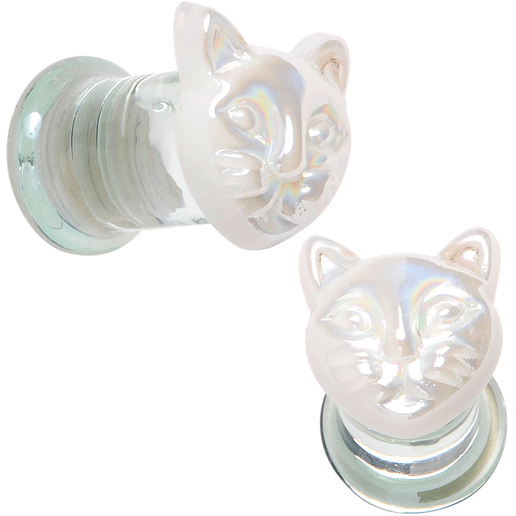 BodyCandy Aurora White Glass Double Flare Kitty Cat Plug Set 6mm to 25mm — in-use photo