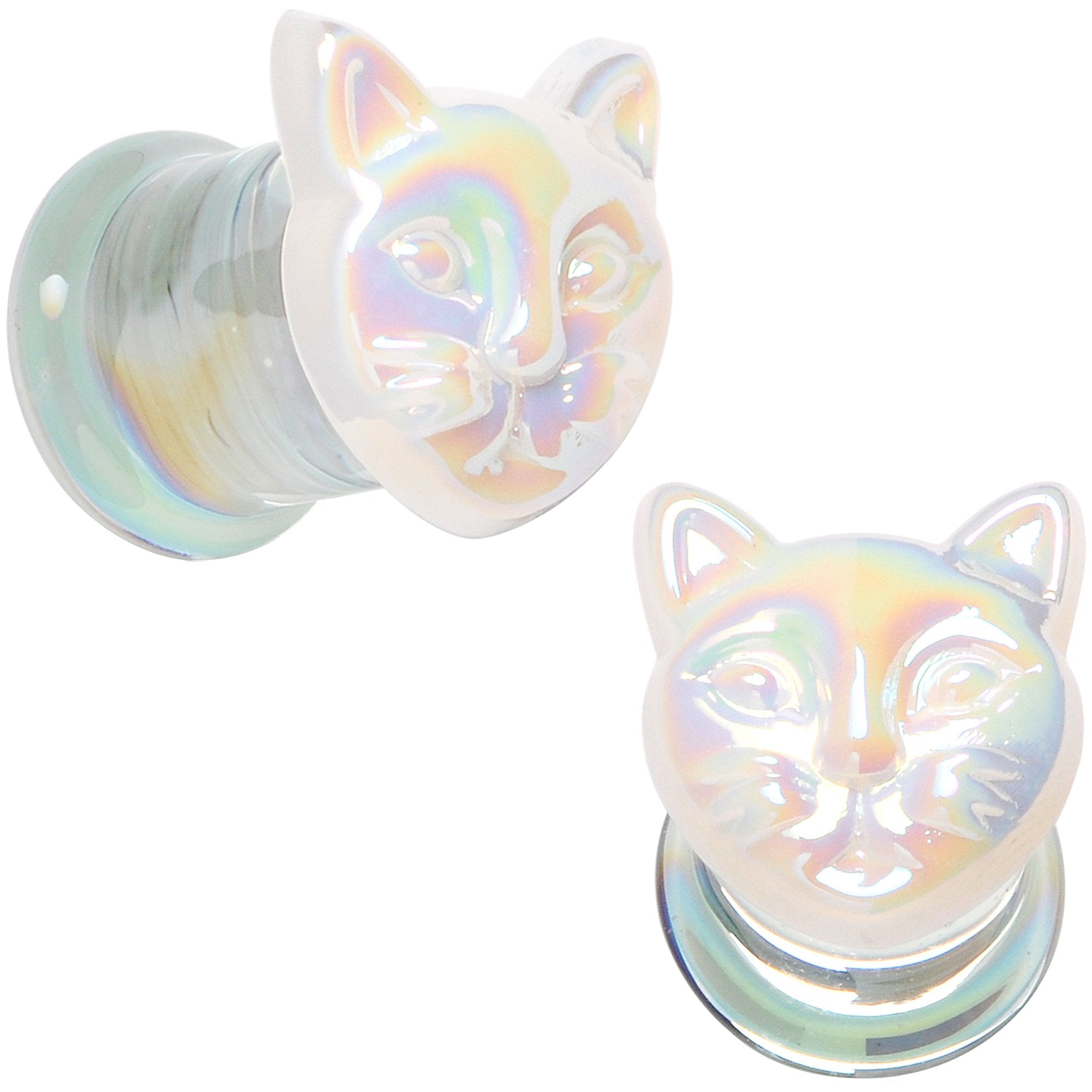 BodyCandy Aurora White Glass Double Flare Kitty Cat Plug Set 6mm to 25mm — main product shot