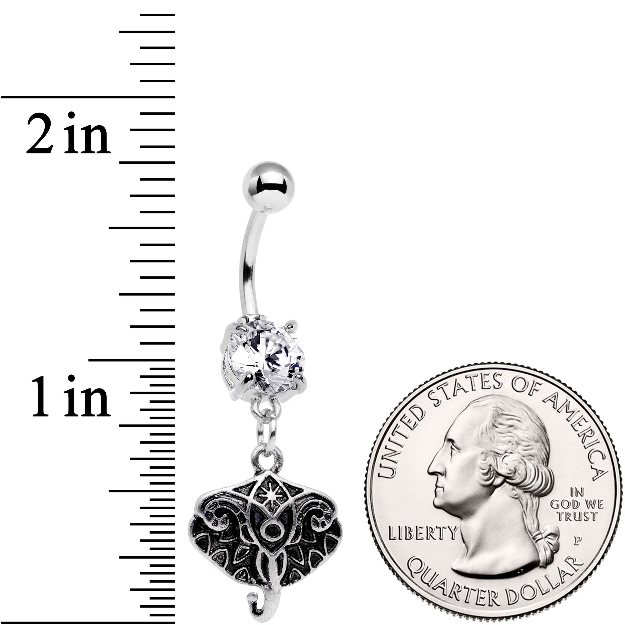 BodyCandy Clear Cubic Zirconia Gem Elephant Inspired Abstract Dangle Belly Ring — detail close-up