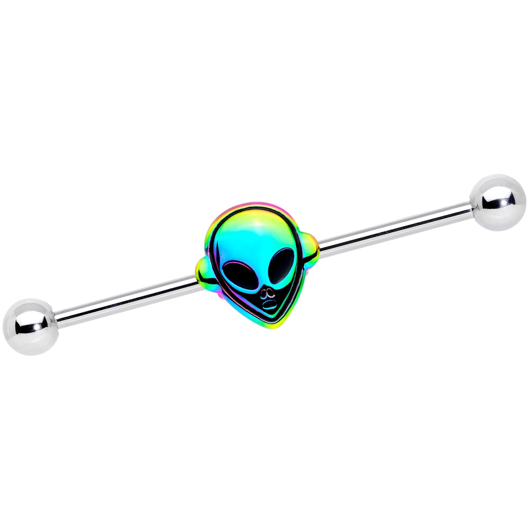 BodyCandy 14G Iridescent Alien Face Industrial Barbell 38mm — detail and construction