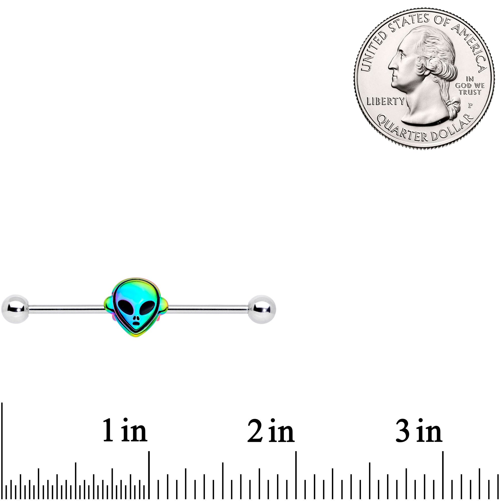 BodyCandy 14G Iridescent Alien Face Industrial Barbell 38mm — lifestyle context