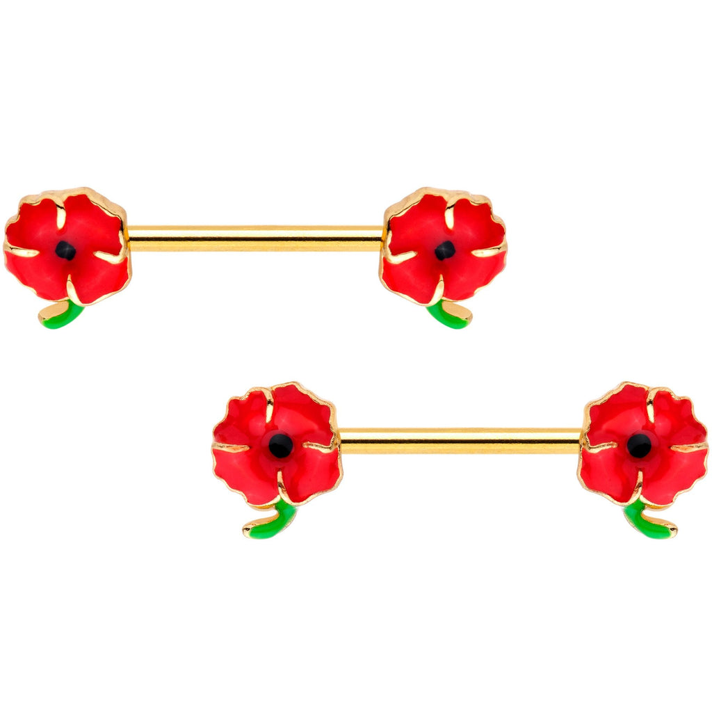 BodyCandy 14G 9/16 Gold Tone Field of Poppies Barbell Nipple Ring Set — main product shot