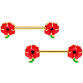 BodyCandy 14G 9/16 Gold Tone Field of Poppies Barbell Nipple Ring Set — main product shot
