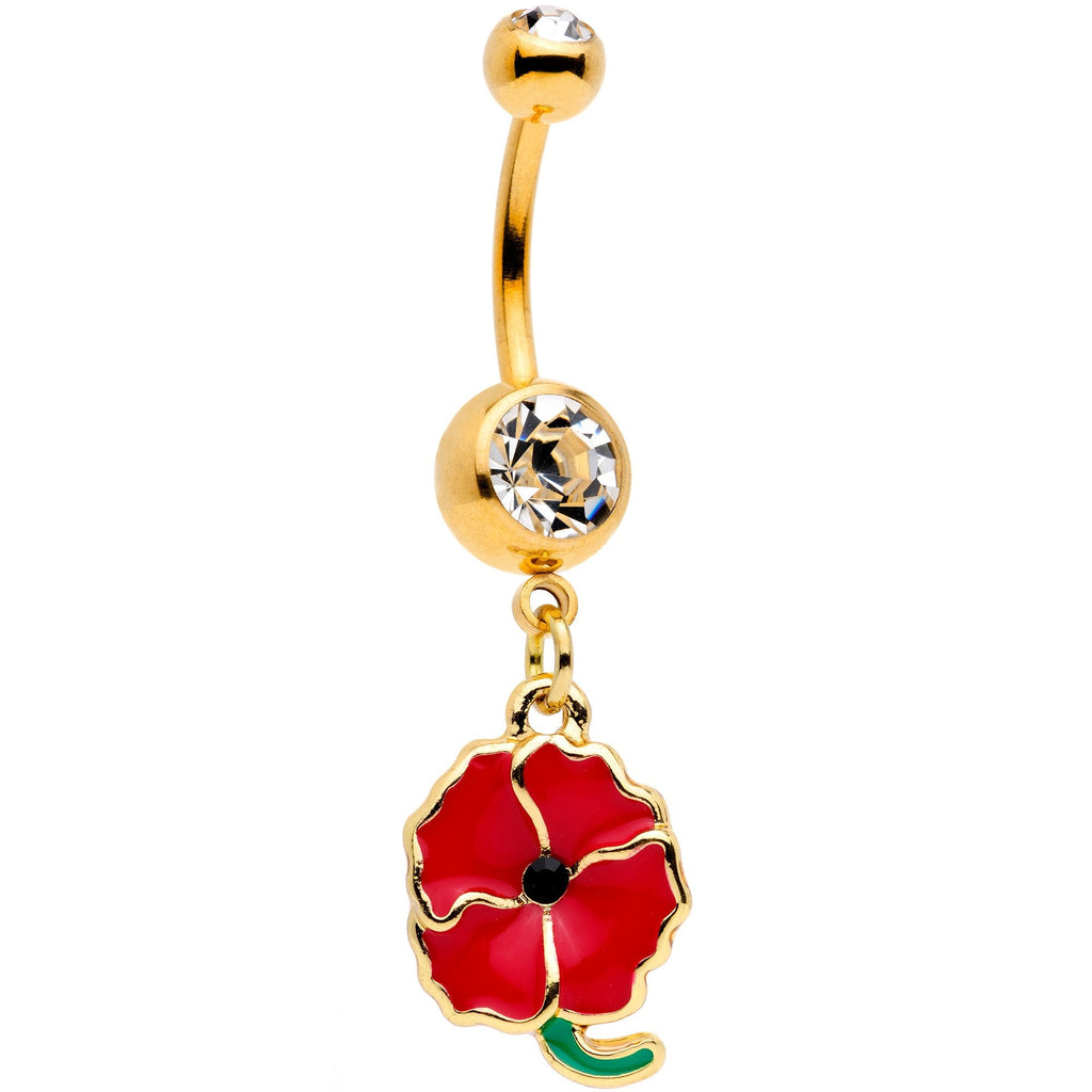 BodyCandy Clear Gem Gold Tone Powerful Poppy Flower Dangle Belly Ring — main product shot