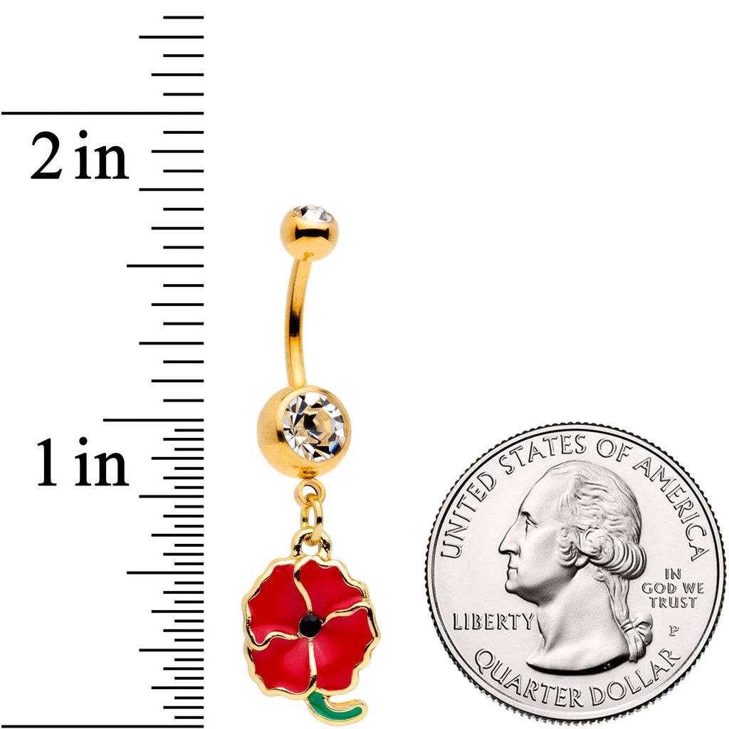BodyCandy Clear Gem Gold Tone Powerful Poppy Flower Dangle Belly Ring — detail and construction