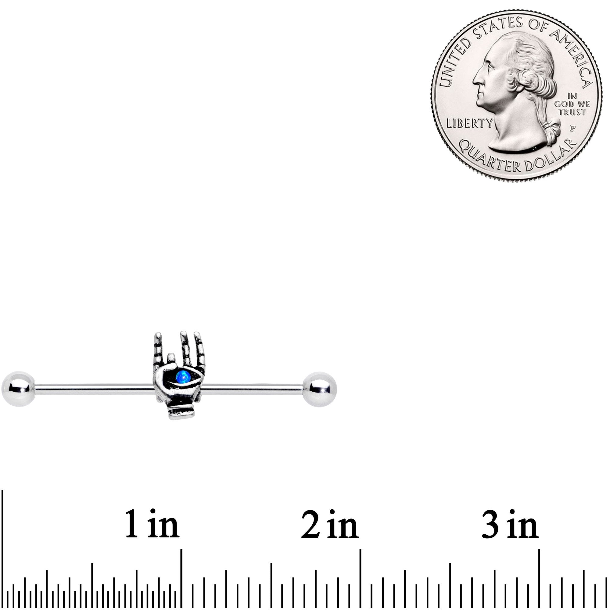 BodyCandy 14G Blue Synthetic Opal Hamsa Sacred Hand Industrial Barbell 38mm — detail and construction