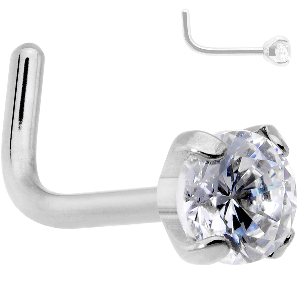 BodyCandy 20G 1/4 Clear 3mm CZ Gem Grade 23 Titanium L Shaped Nose Ring — branding close-up