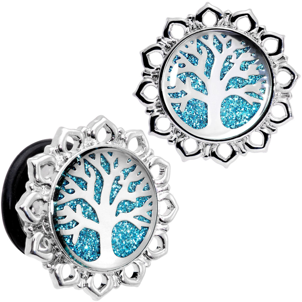 BodyCandy Blue Glitter Inlay Tree of Life Single Flare Plug Set 6mm to 20mm — alternative angle