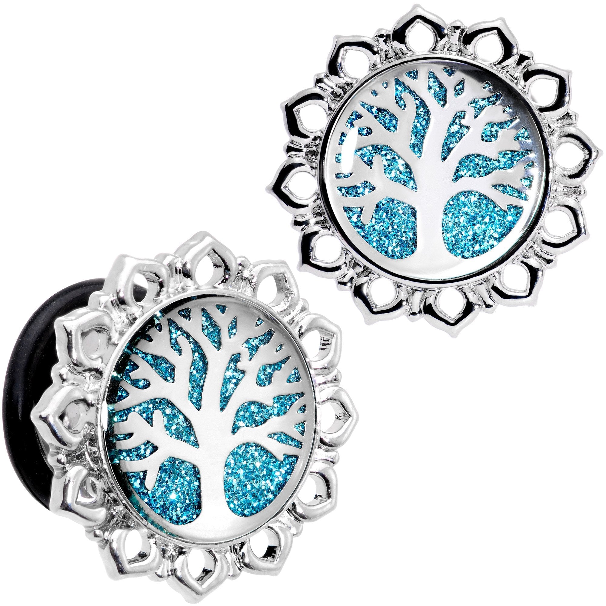 BodyCandy Blue Glitter Inlay Tree of Life Single Flare Plug Set 6mm to 20mm — alternative angle