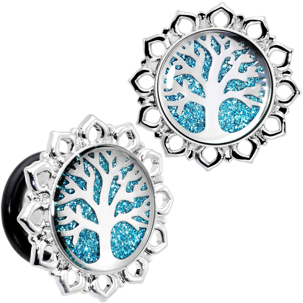 BodyCandy Blue Glitter Inlay Tree of Life Single Flare Plug Set 6mm to 20mm — size reference