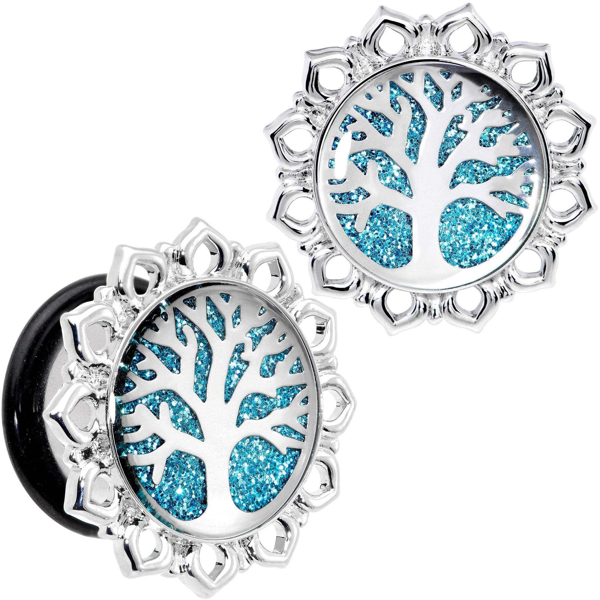 BodyCandy Blue Glitter Inlay Tree of Life Single Flare Plug Set 6mm to 20mm — color detail