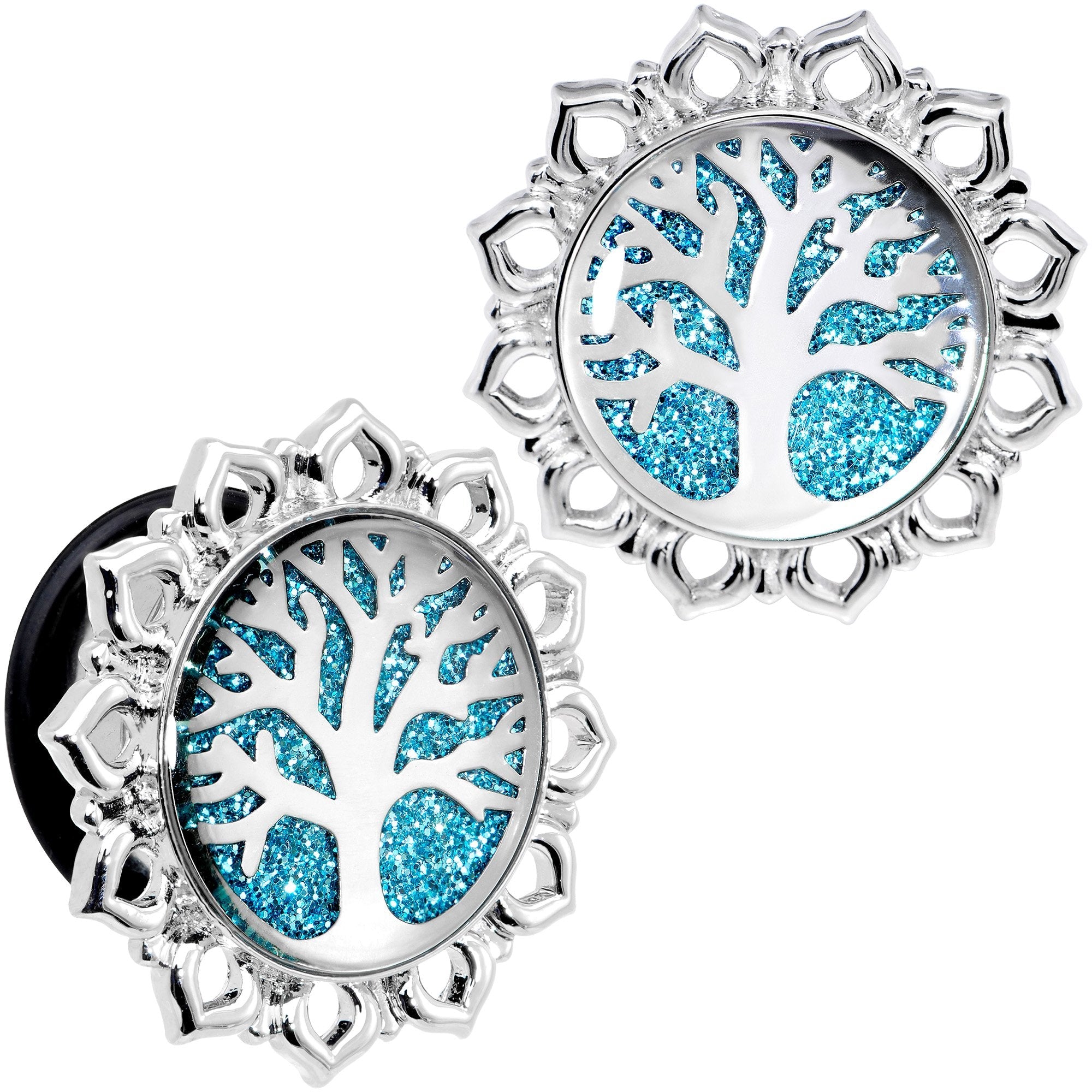 BodyCandy Blue Glitter Inlay Tree of Life Single Flare Plug Set 6mm to 20mm — packaging