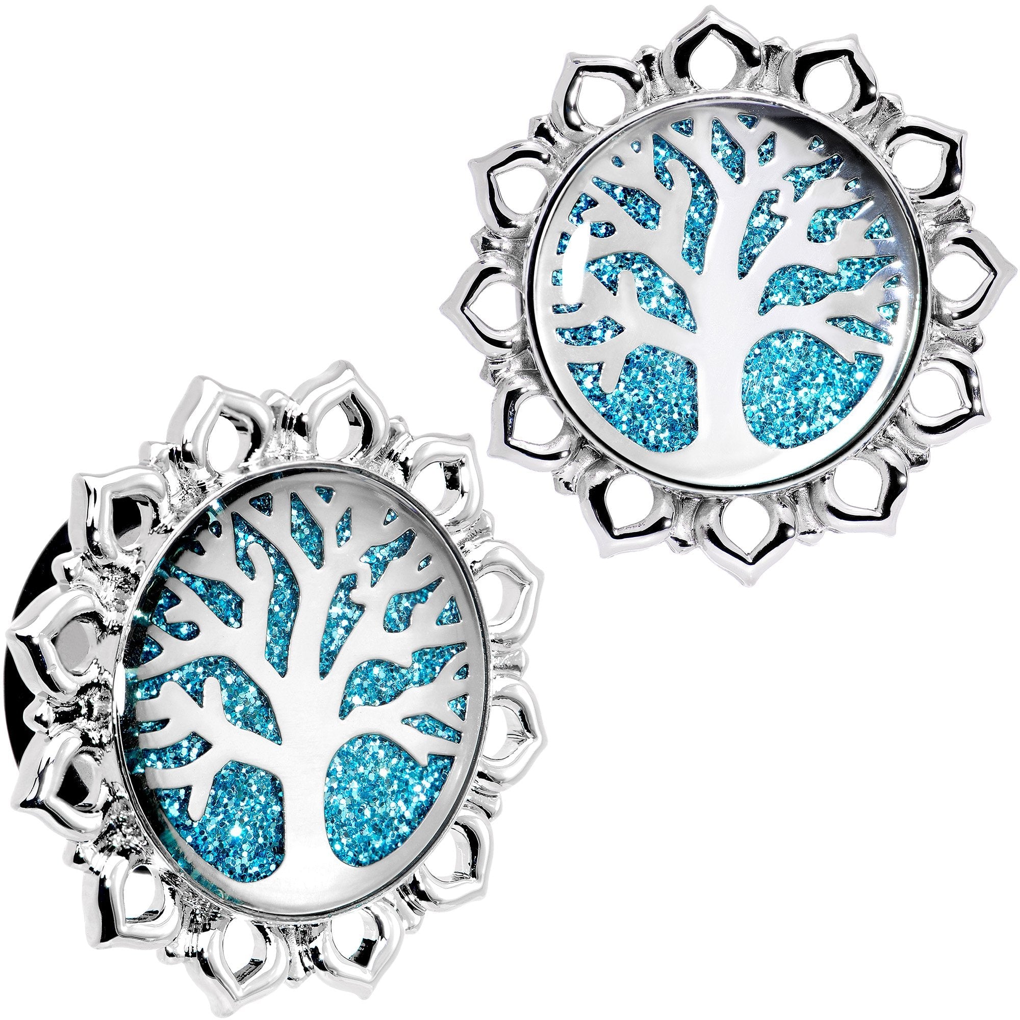 BodyCandy Blue Glitter Inlay Tree of Life Single Flare Plug Set 6mm to 20mm — comparison shot