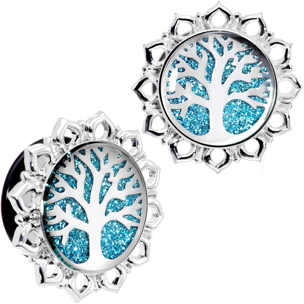 BodyCandy Blue Glitter Inlay Tree of Life Single Flare Plug Set 6mm to 20mm — fabric or material detail