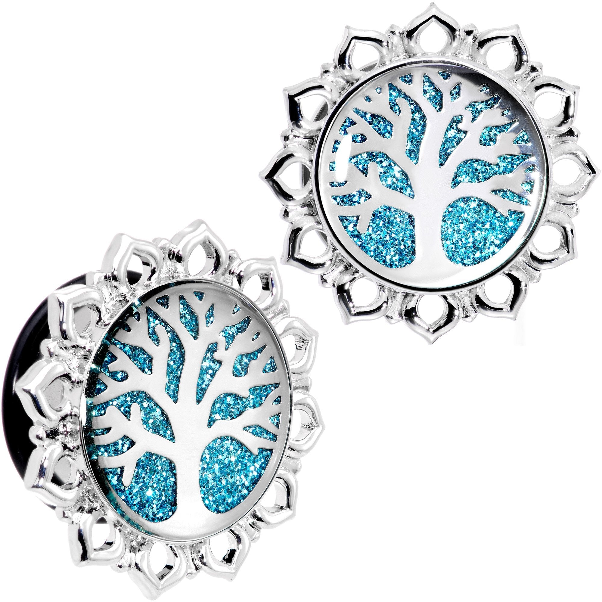 BodyCandy Blue Glitter Inlay Tree of Life Single Flare Plug Set 6mm to 20mm — fabric or material detail